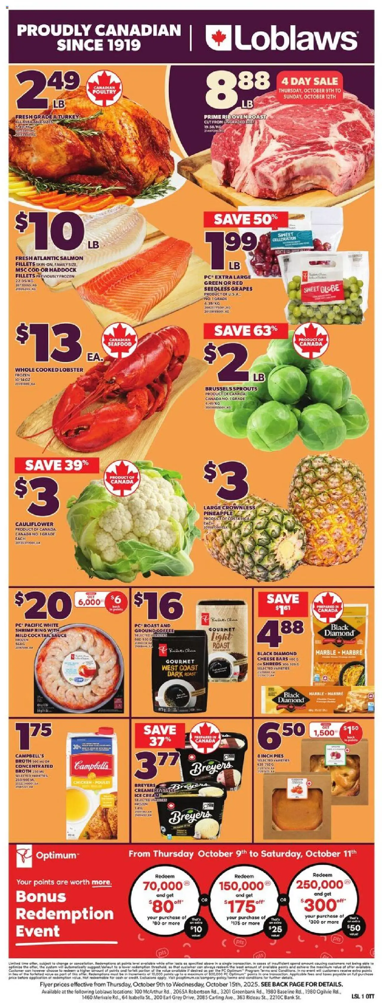 Loblaws flyer valid from 09.10.2025 | Page: 3 | Products: Pineapple, Cream, Ice cream, Cheese