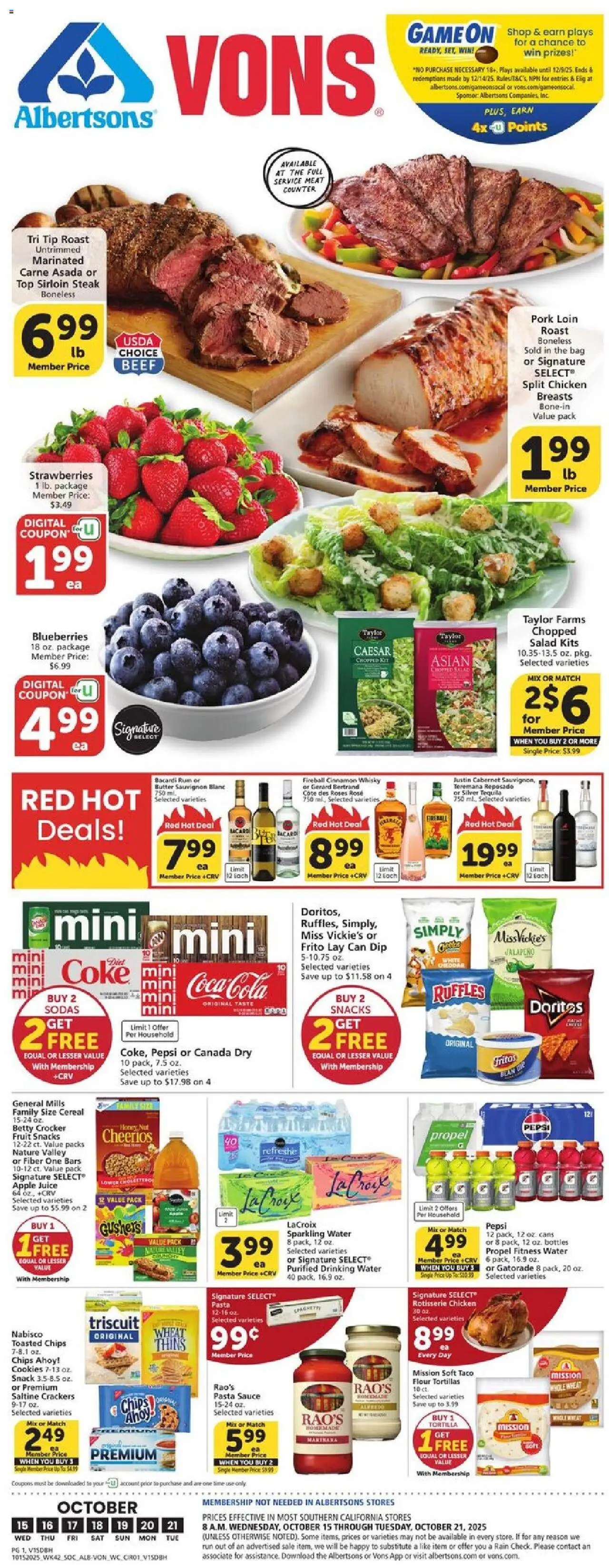 Vons Weekly Ad - valid from 15.10.2025 | Page: 1 | Products: Pork, Salad, Game, Bag