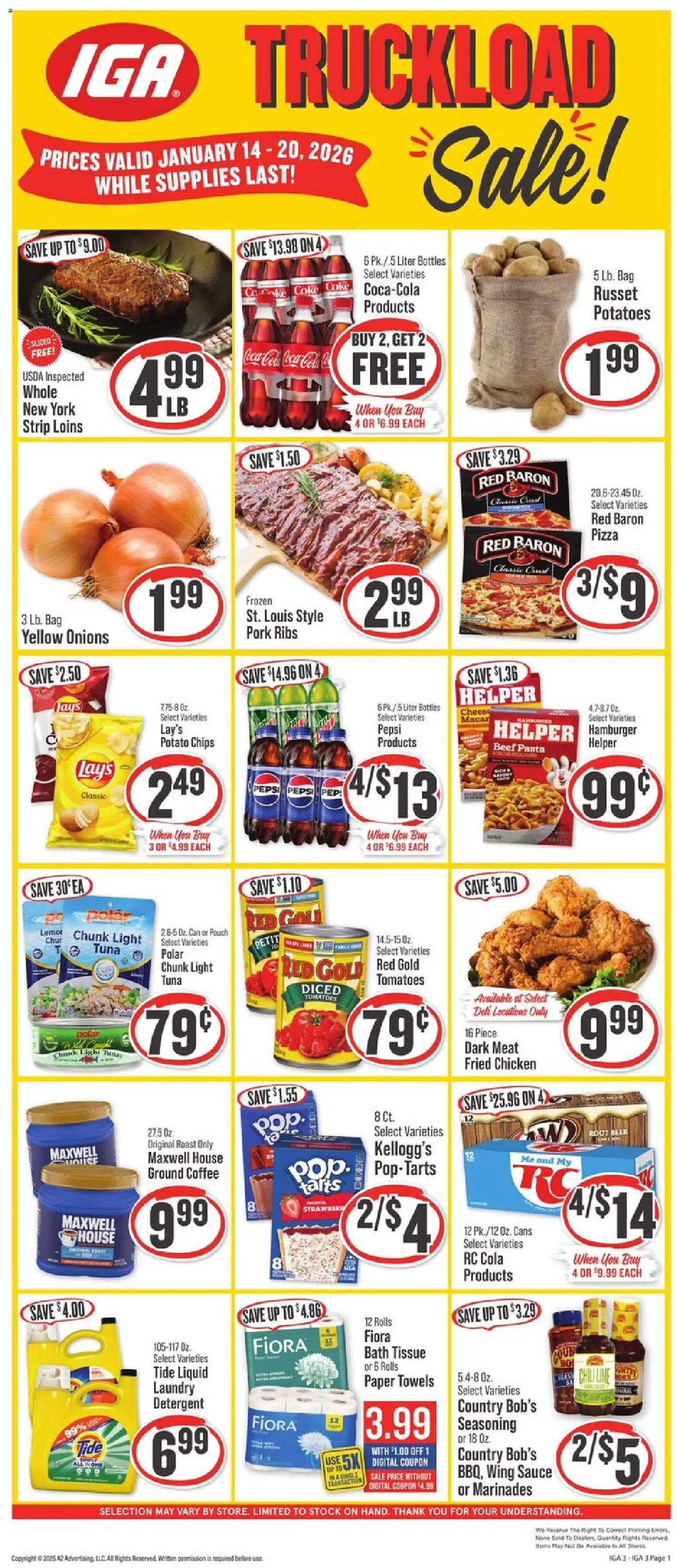 IGA Weekly Ad - valid from 14.01.2026 | Page: 1 | Products: Cheese, Beer, Tomatoes, Potatoes