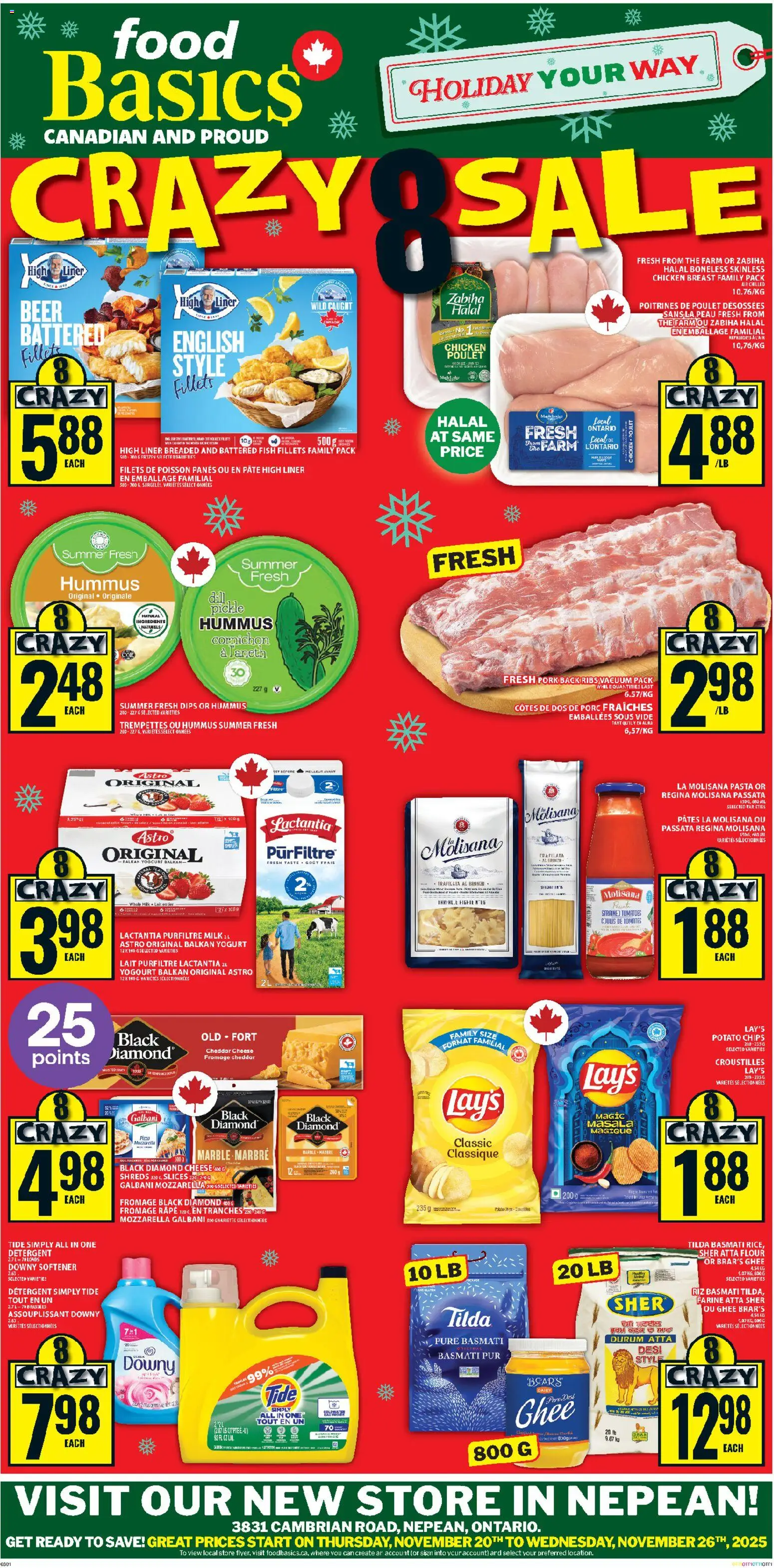 Food Basics flyer valid from 20.11.2025 | Page: 1 | Products: Chips, Detergent, Milk, Chicken