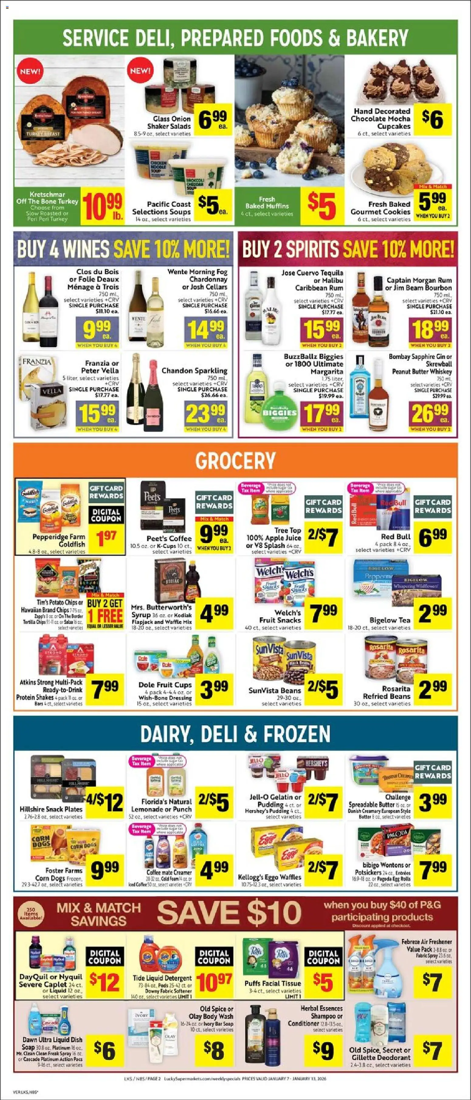 Lucky Supermarkets Weekly - CA - valid from 07.01.2026 | Page: 2 | Products: Butter, Detergent, Bar Soap, Whiskey