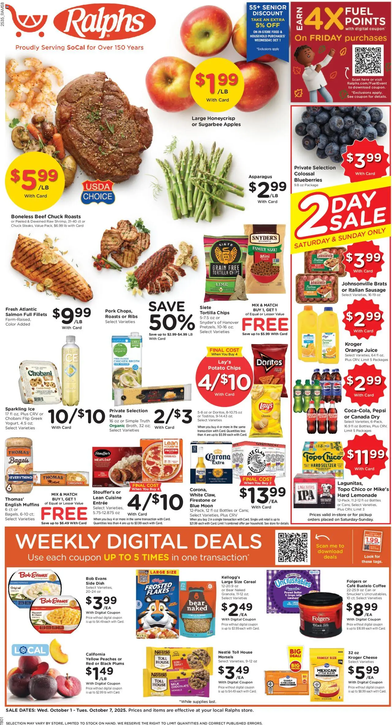 Ralphs Weekly Ad - CA - valid from 01.10.2025 | Page: 1 | Products: Cheese, Pasta, Sausage, Blueberries