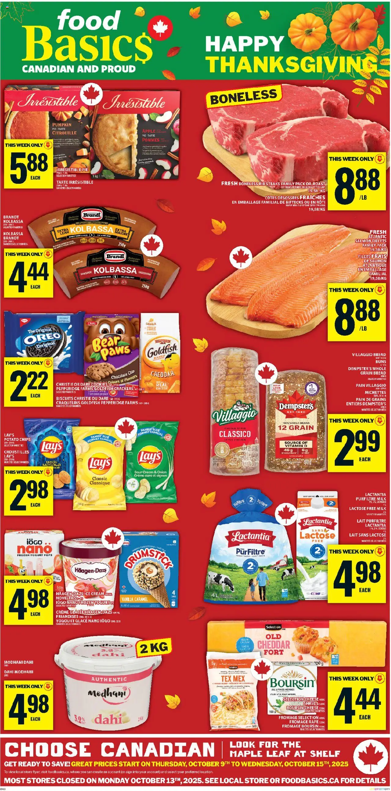 Food Basics flyer valid from 09.10.2025 | Page: 1 | Products: Chips, Cream, Cookies, Shelf