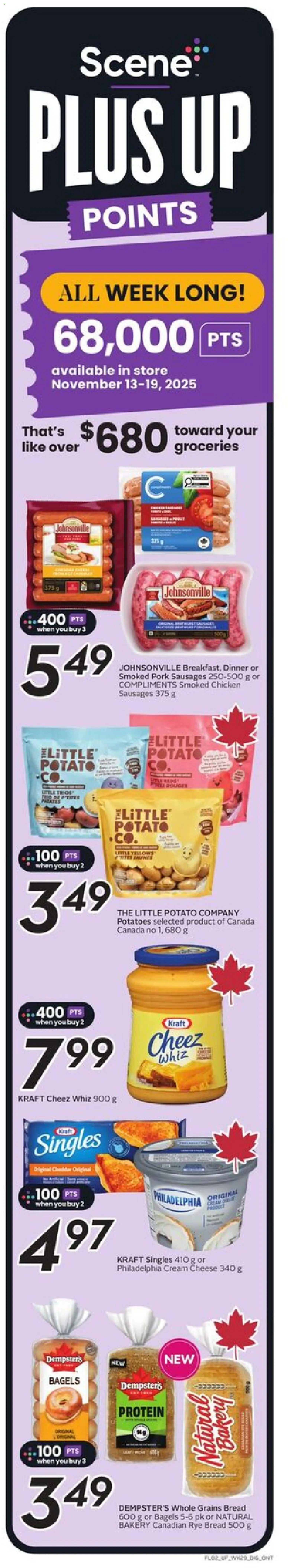 Sobeys flyer valid from 13.11.2025 | Page: 3 | Products: Cream, Potatoes, Cheese, Chicken