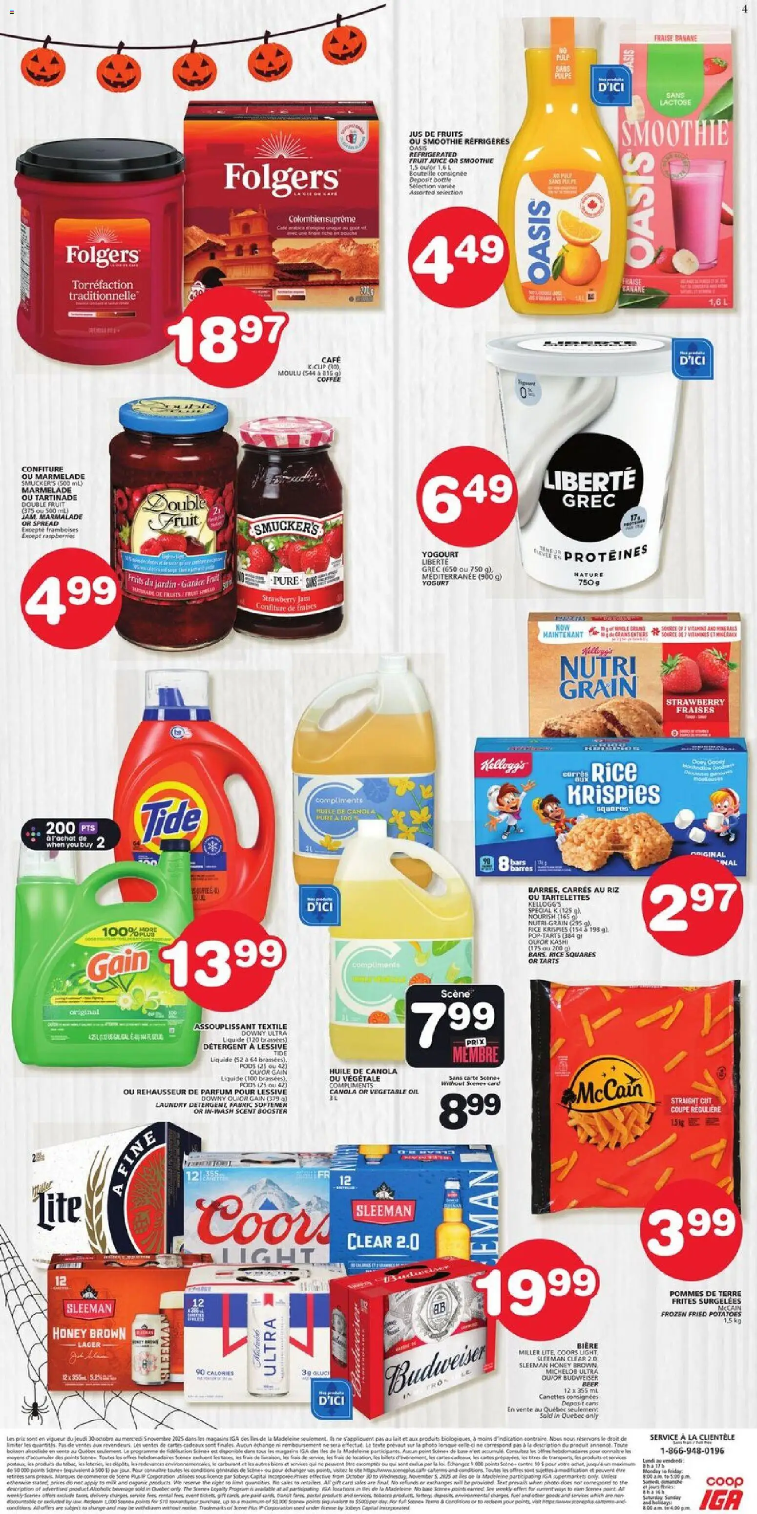 IGA flyer valid from 30.10.2025 | Page: 4 | Products: Detergent, Coffee, Juice, Beer