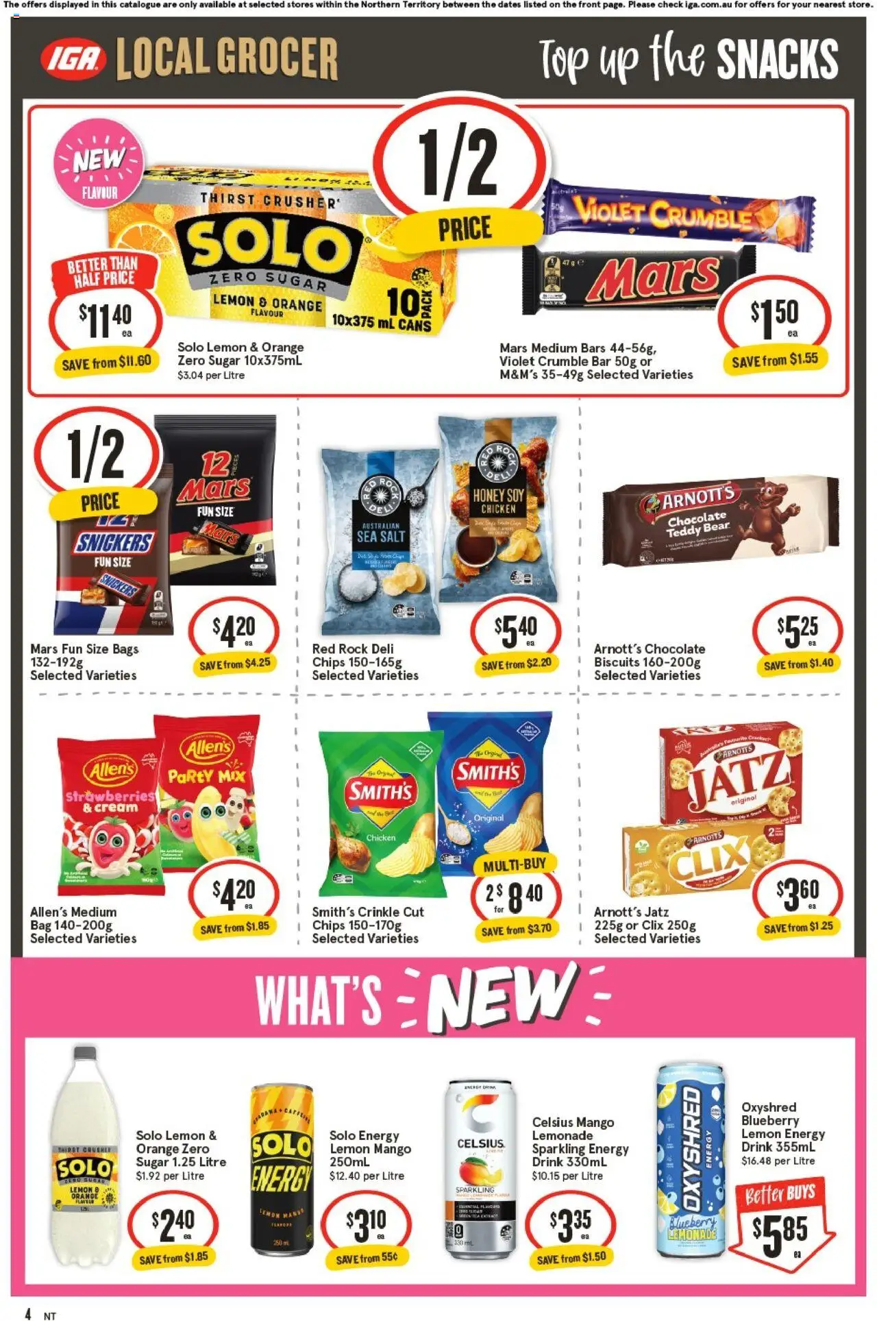 IGA catalogue - valid from 01.10.2025 | Page: 4 | Products: Energy drink, Chocolate, Chips, Lemon
