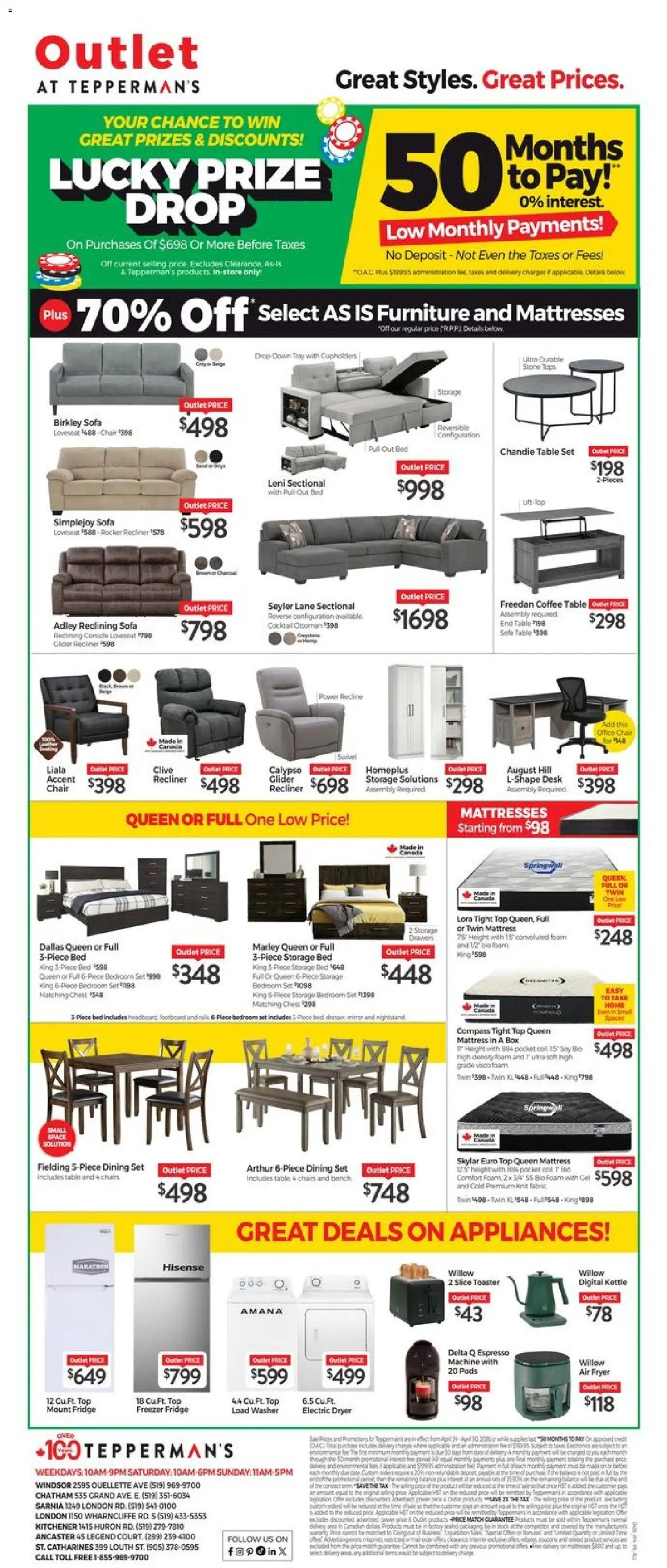 Tepperman's flyer valid from 24.04.2026 | Page: 1 | Products: Fryer, Mattress, Table, Box