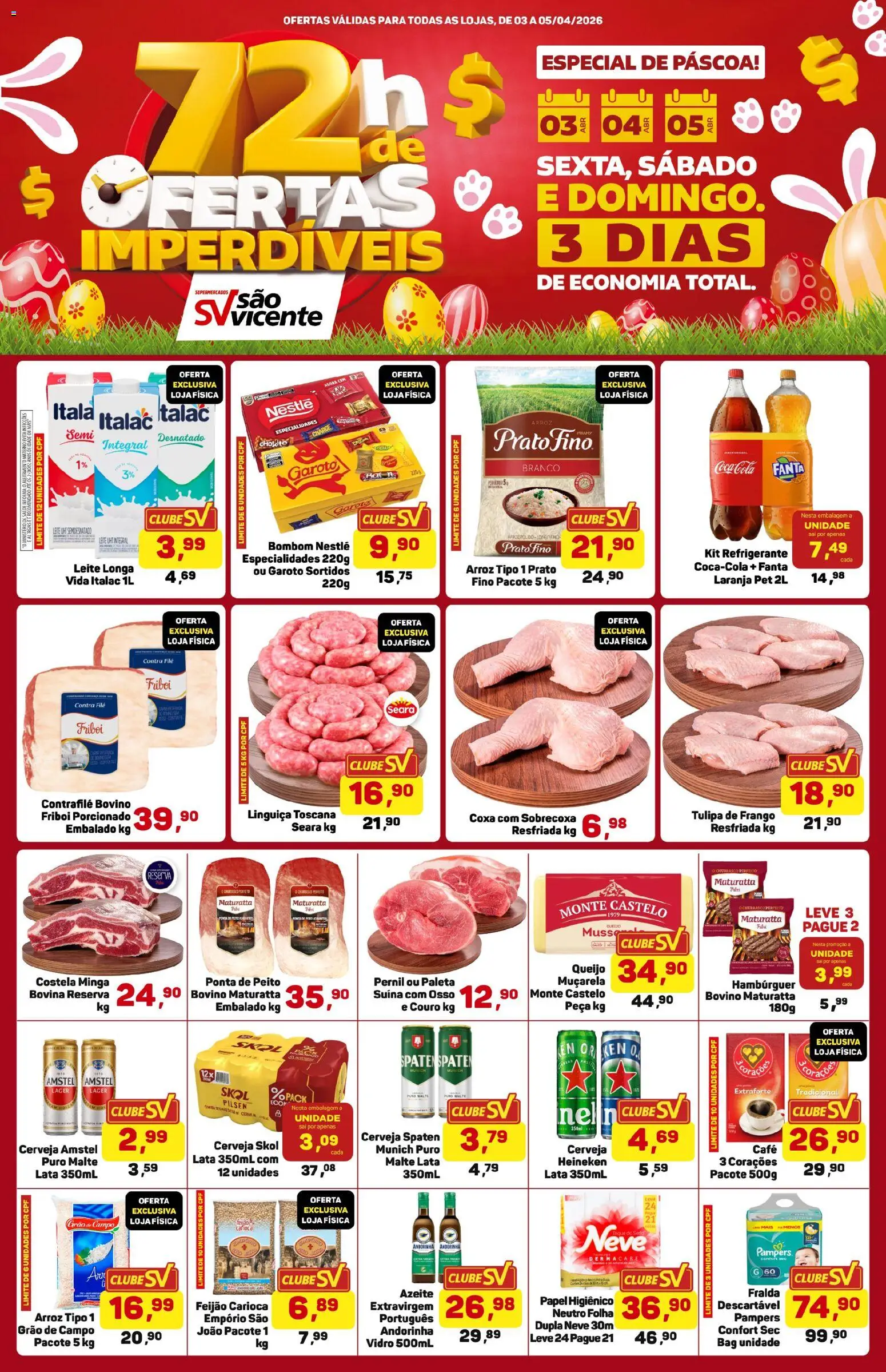 Supermercados São Vicente Folheto - válido de 03.04.2026 | Página: 1 | Produtos: Contra filé, Pernil, Café, Bombom