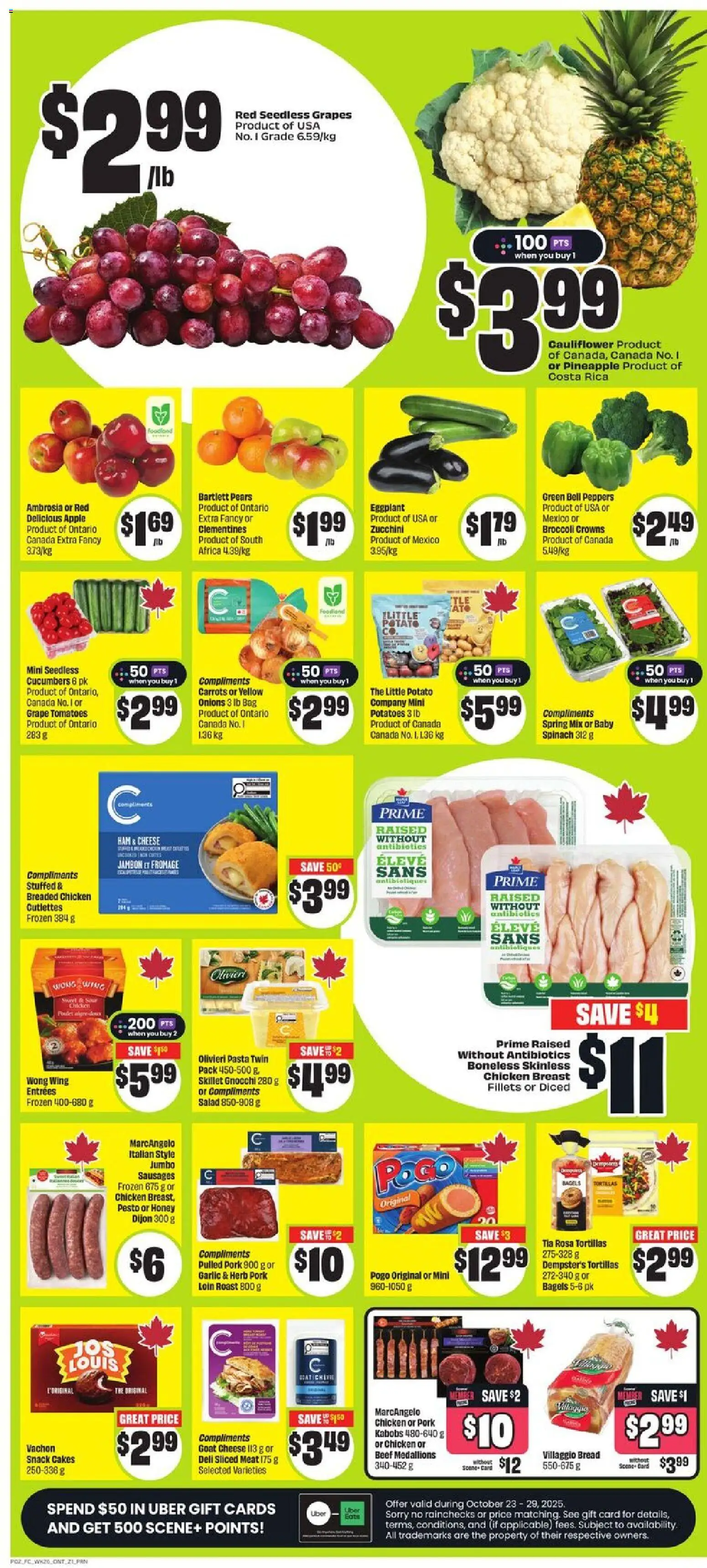 FreshCo flyer valid from 23.10.2025 | Page: 3 | Products: Cucumbers, Cheese, Wine, Chicken