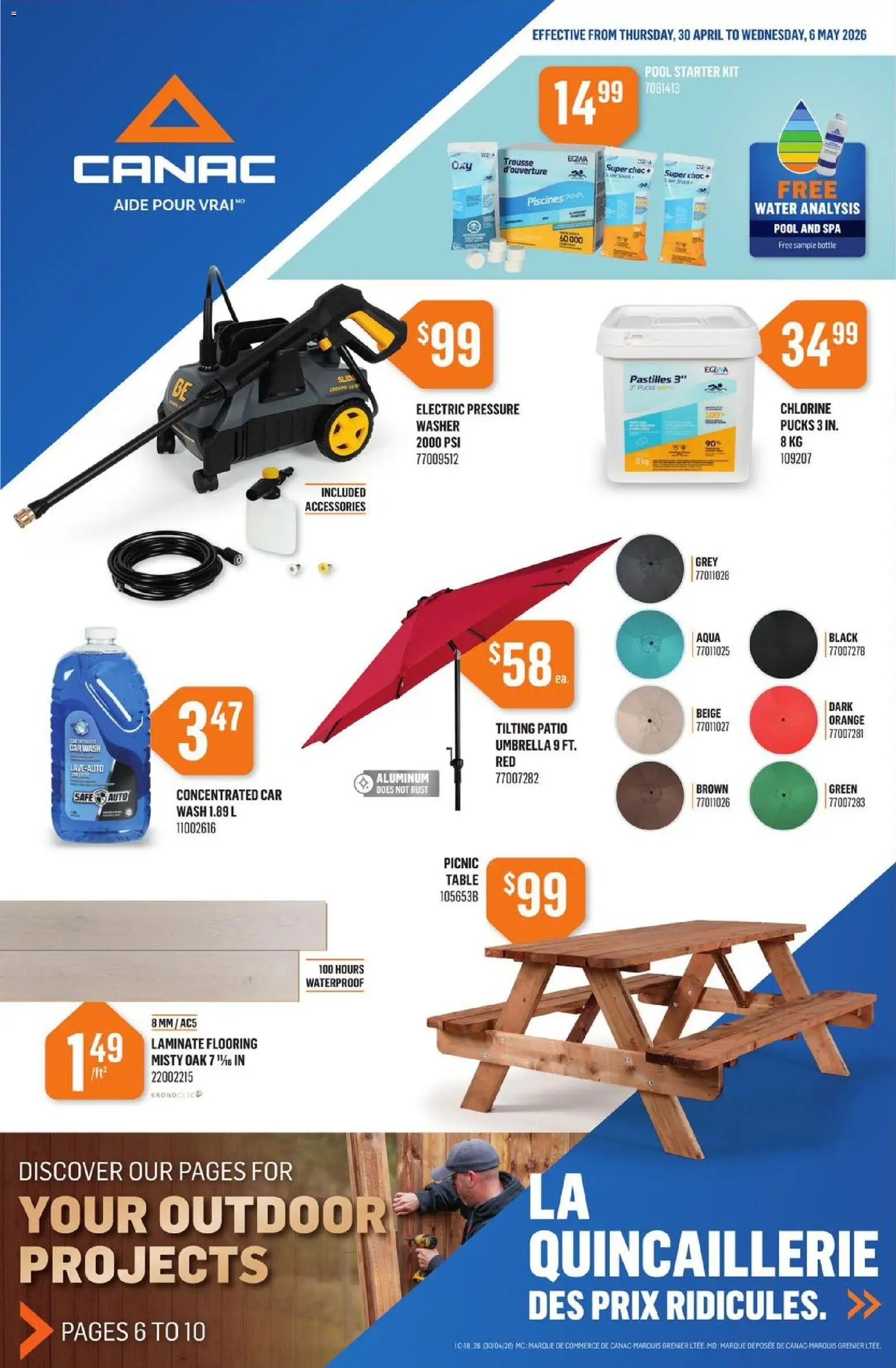 Canac flyer valid from 30.04.2026 | Page: 1 | Products: Umbrella, Table