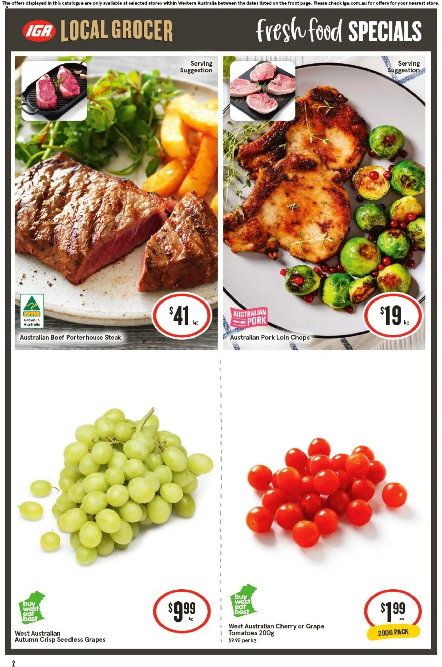 IGA catalogue - valid from 18.02.2026 | Page: 3 | Products: Pork, Tomatoes, Steak, Grapes