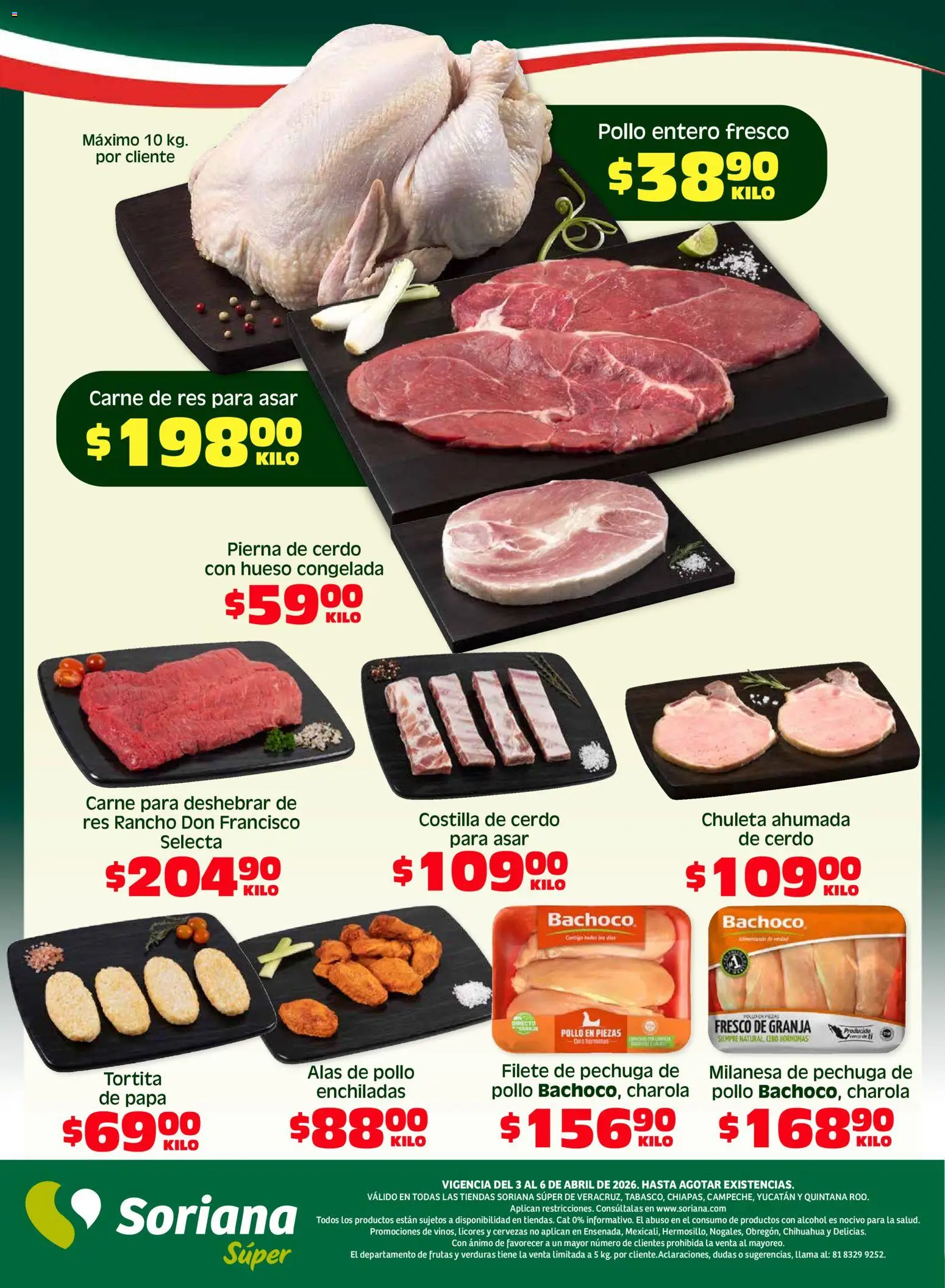 Nuevas ofertas de Soriana válidas en toda la República Mexicana desde el 03.04.2026. ¡Encuentra las mejores ofertas en Soriana Fin de Semana Súper: Ver, Tab, Chis, Camp, Yuc y Q. Roo! | Página: 6 | Productos: Milanesa, Papa, Cerdo, Res