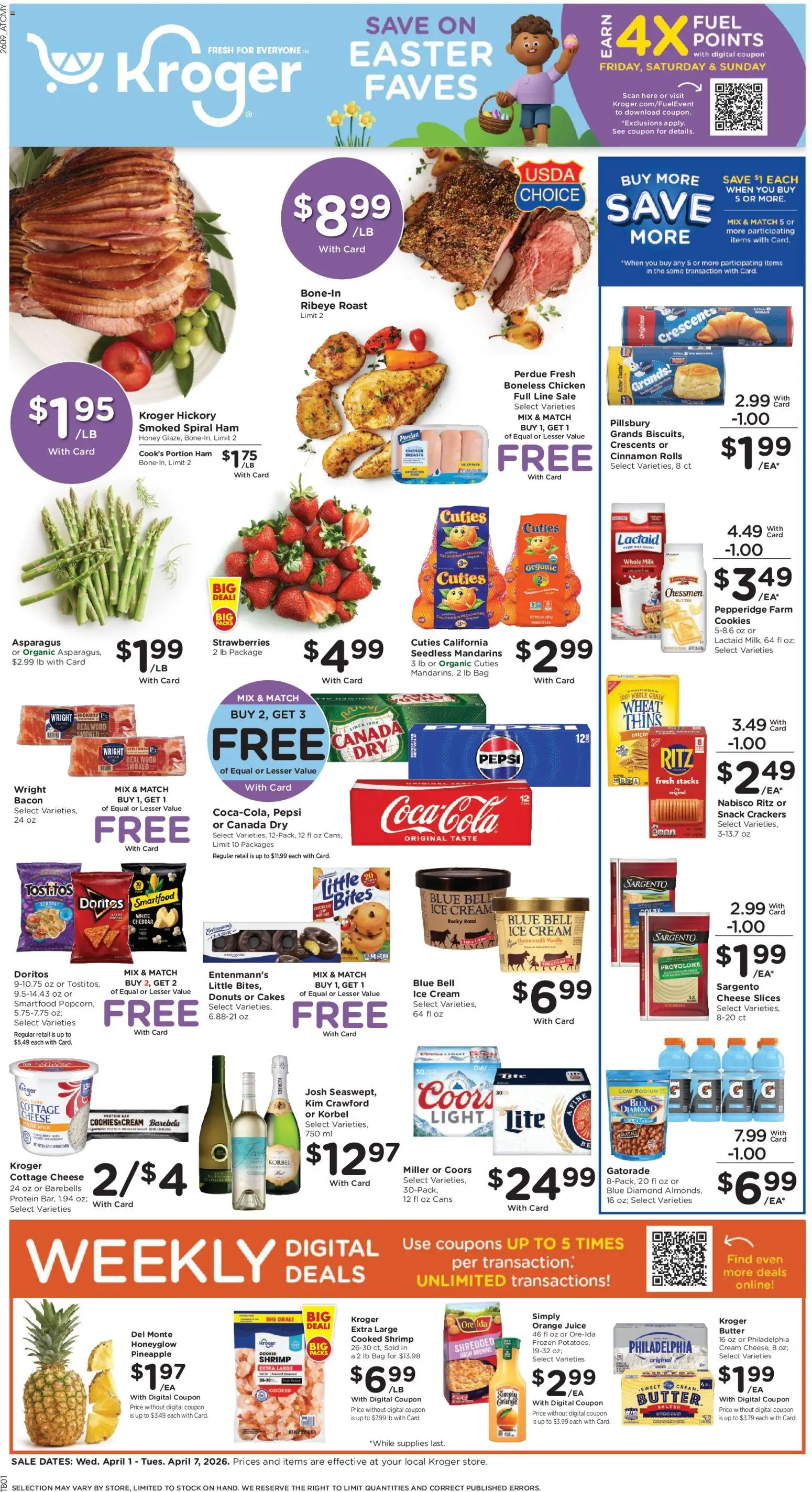 Kroger Weekly Ad - valid from 01.04.2026 | Page: 1 | Products: Asparagus, Milk, Cheese, Ice cream