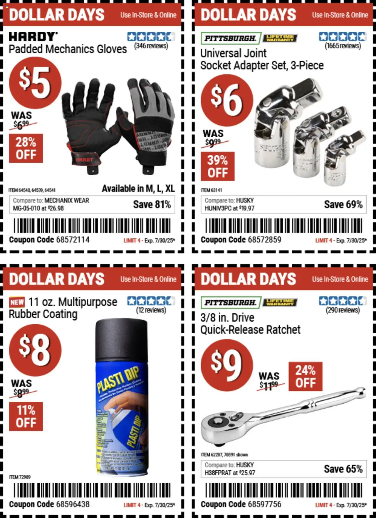 Harbor Freight Dollar Days - valid from 17.07.2025 | Page: 1 | Products: Socket, Ratchet, Gloves, Adapter