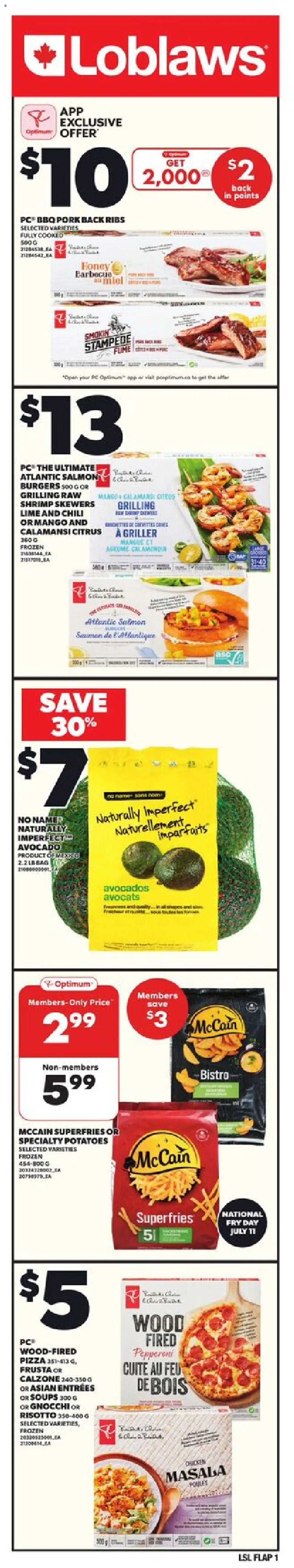 Loblaws flyer valid from 10.07.2025 | Page: 1 | Products: Potatoes, Pizza, Chicken, Pork