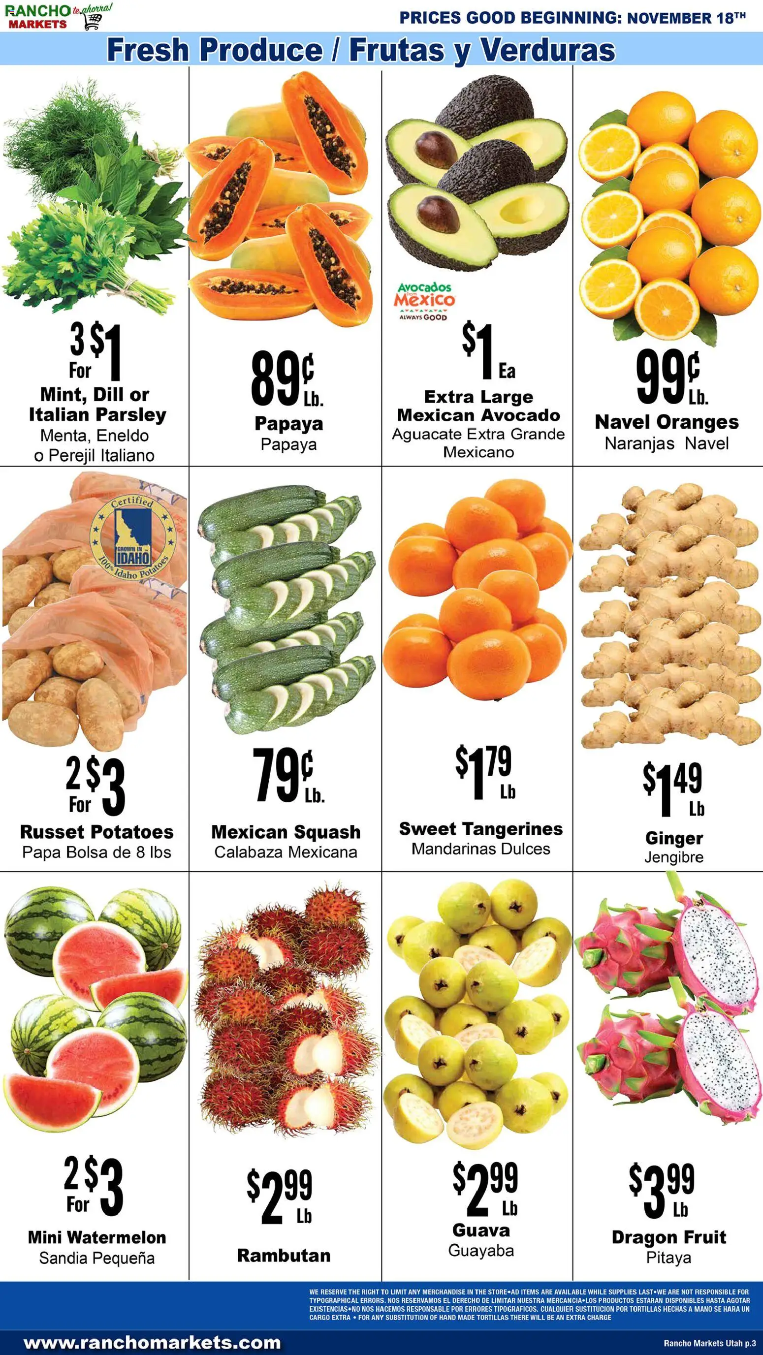 Rancho Markets Weekly Ad - valid from 18.11.2025 | Page: 3 | Products: Squash, Ginger, Potatoes, Watermelon