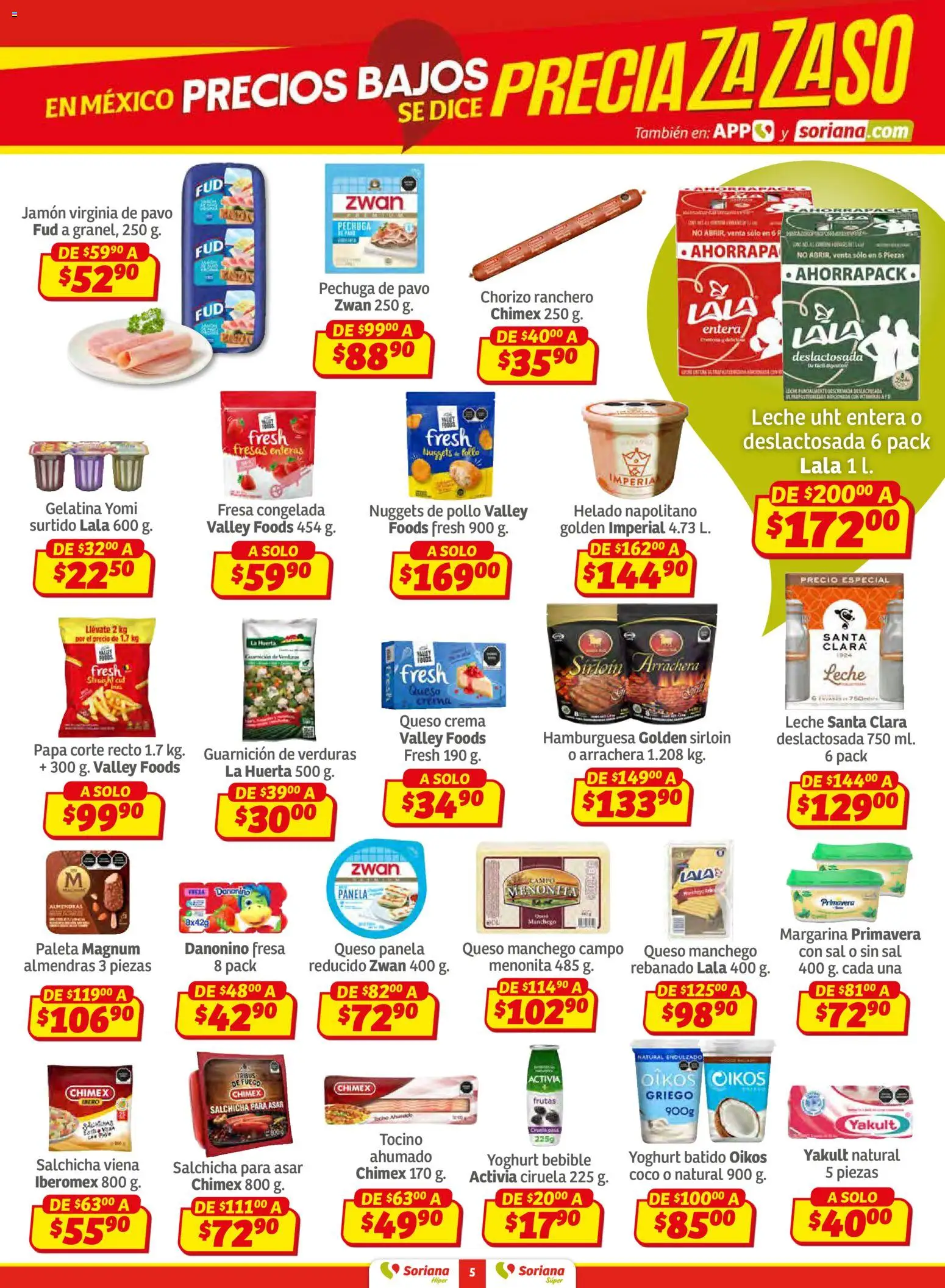 Nuevas ofertas de Soriana válidas en toda la República Mexicana desde el 27.02.2026. ¡Encuentra las mejores ofertas en Soriana Preciazazaso Súper: Camp, Chia, Oax, Q. Roo, Tab, Yuc! | Página: 5 | Productos: Tocino, Salchicha, Crema, Helado