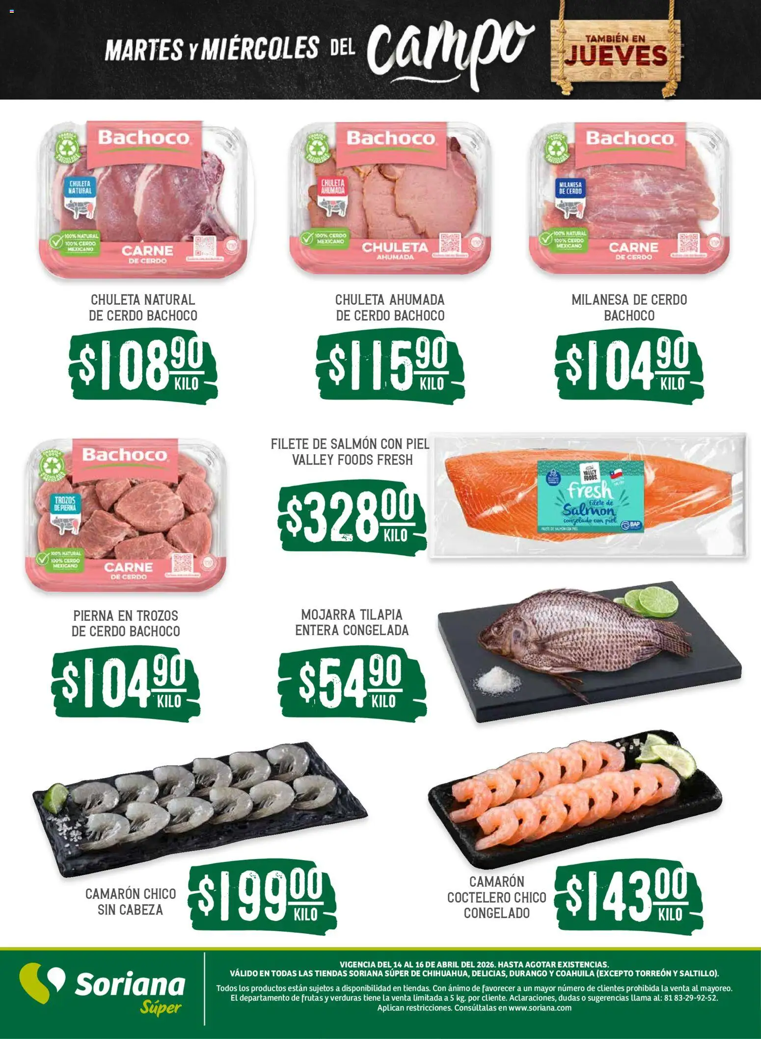 Nuevas ofertas de Soriana válidas en toda la República Mexicana desde el 14.04.2026. ¡Encuentra las mejores ofertas en Soriana Martes y Miércoles del Campo Súper: Chih, Delicias, Dur y Coah (excepto Saltillo)! | Página: 5 | Productos: Milanesa, Cerdo, Té