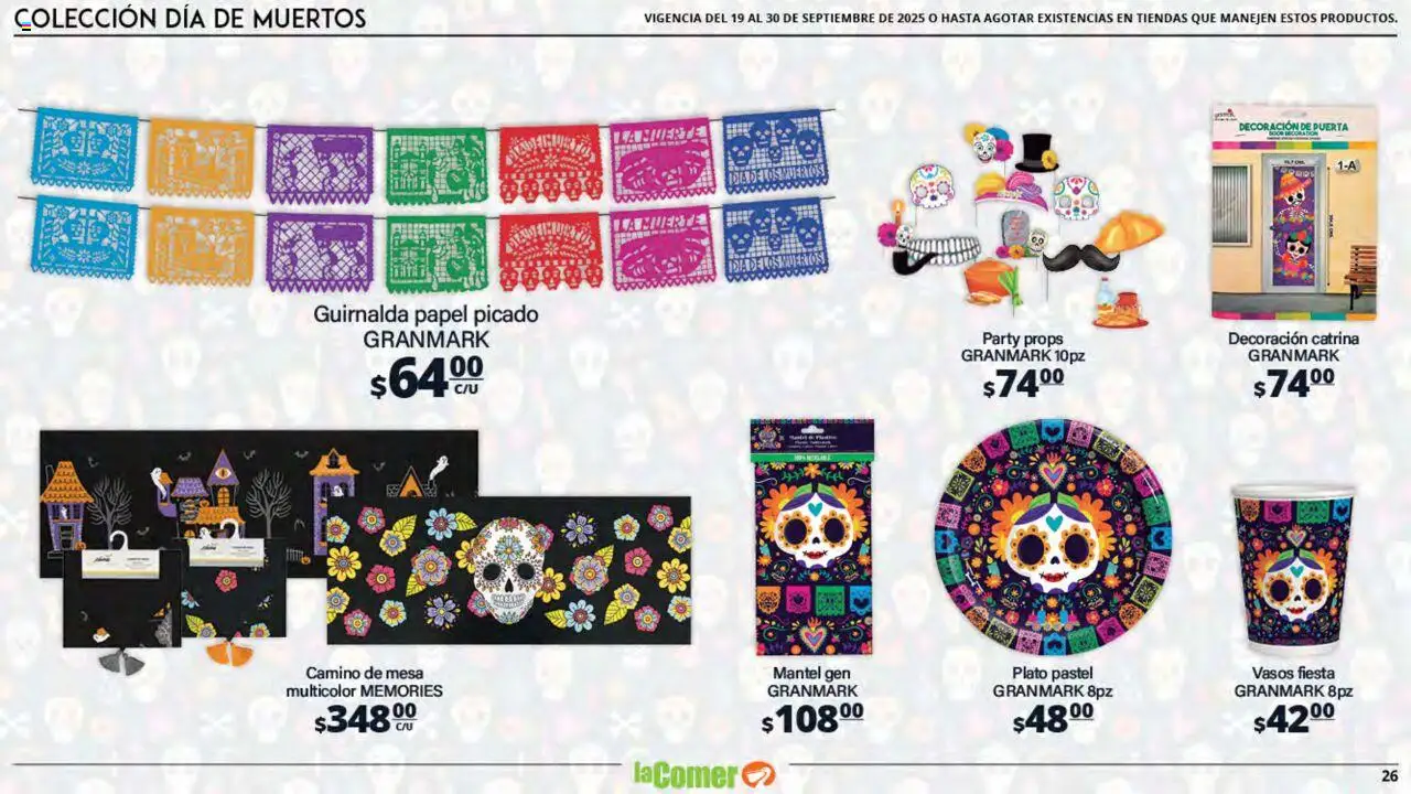 Nuevas ofertas de La Comer válidas en toda la República Mexicana desde el 19.09.2025. ¡Encuentra las mejores ofertas en La Comer - Folleto! | Página: 26 | Productos: Mantel, Pastel, Mesa, Vasos