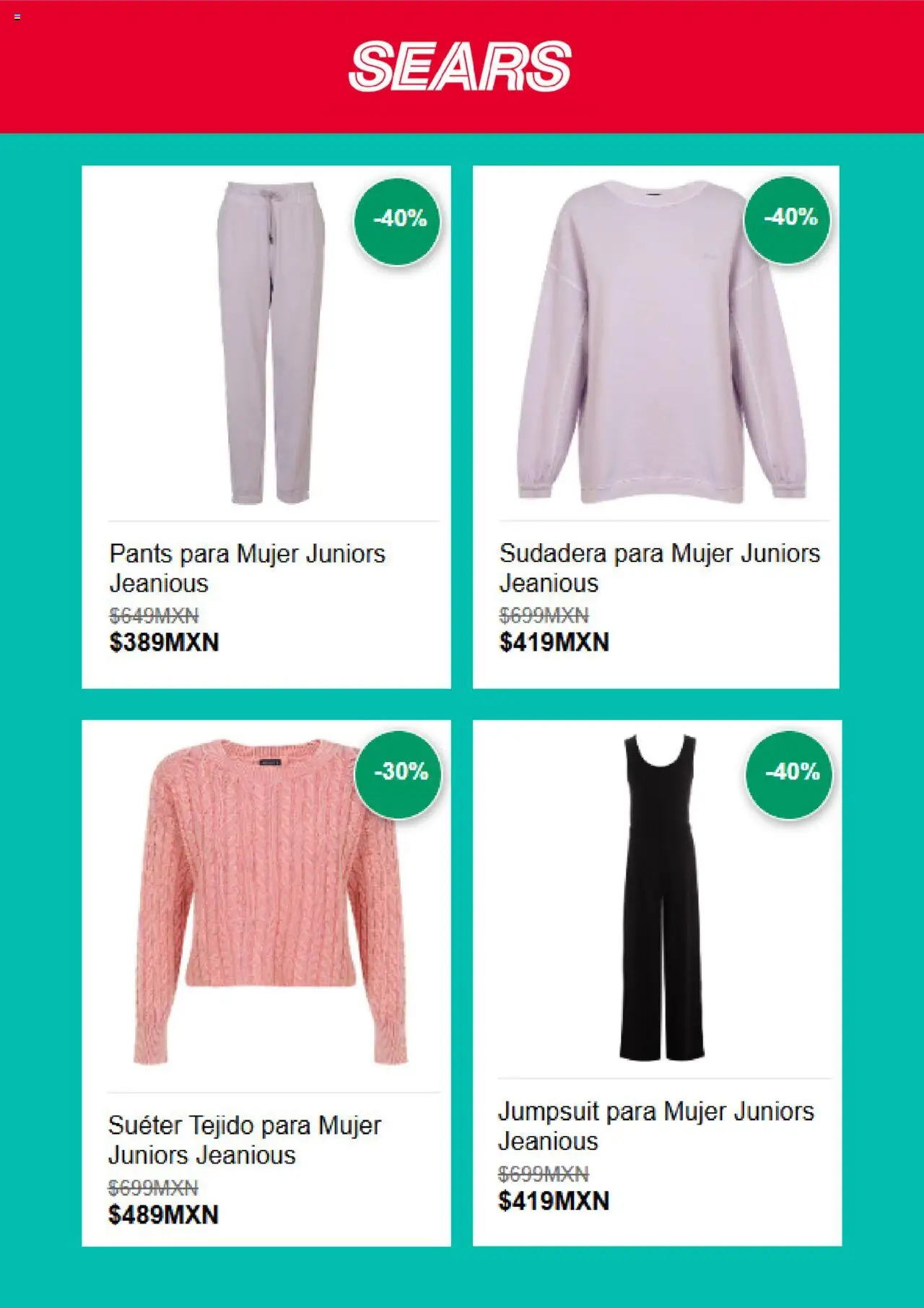 Nuevas ofertas de Sears válidas en toda la República Mexicana desde el 11.08.2025. ¡Encuentra las mejores ofertas en Sears - Hot Sale! | Página: 3 | Productos: Suéter, Sudadera, Pants