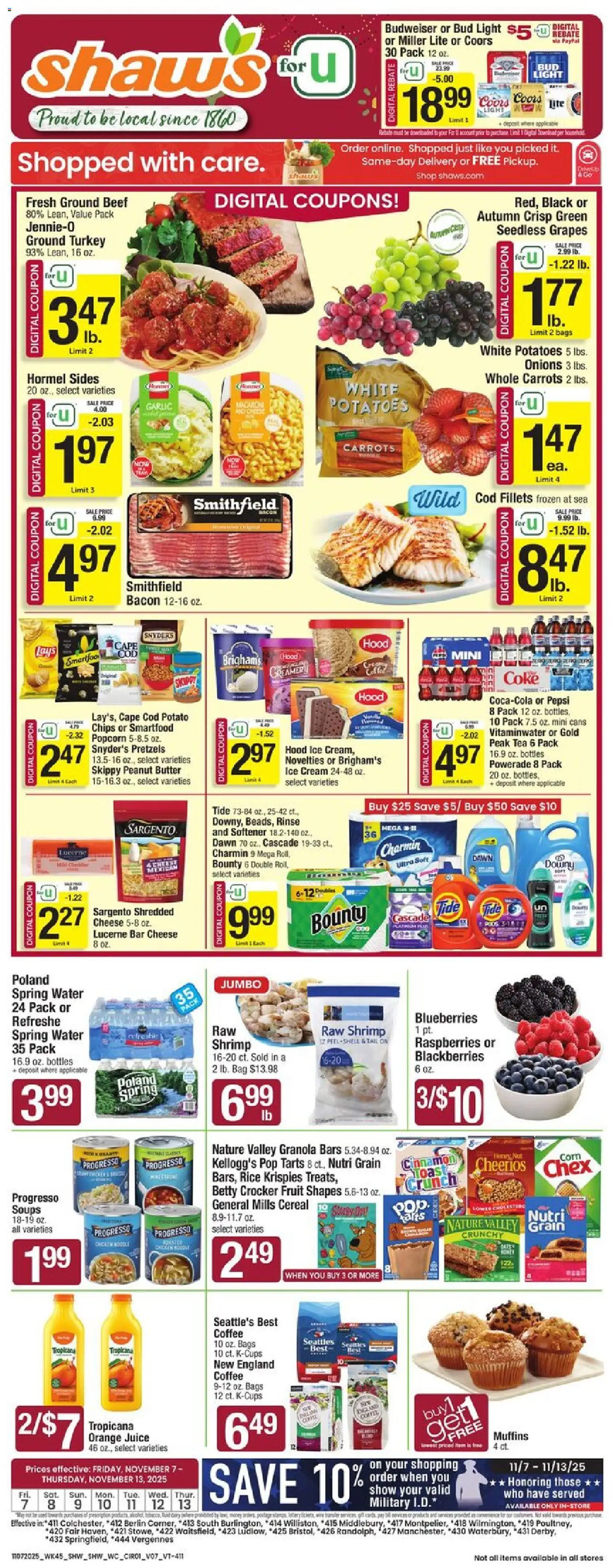 Shaw's Weekly Ad - VT - valid from 07.11.2025 | Page: 1 | Products: Rice, Potatoes, Blueberries, Bag