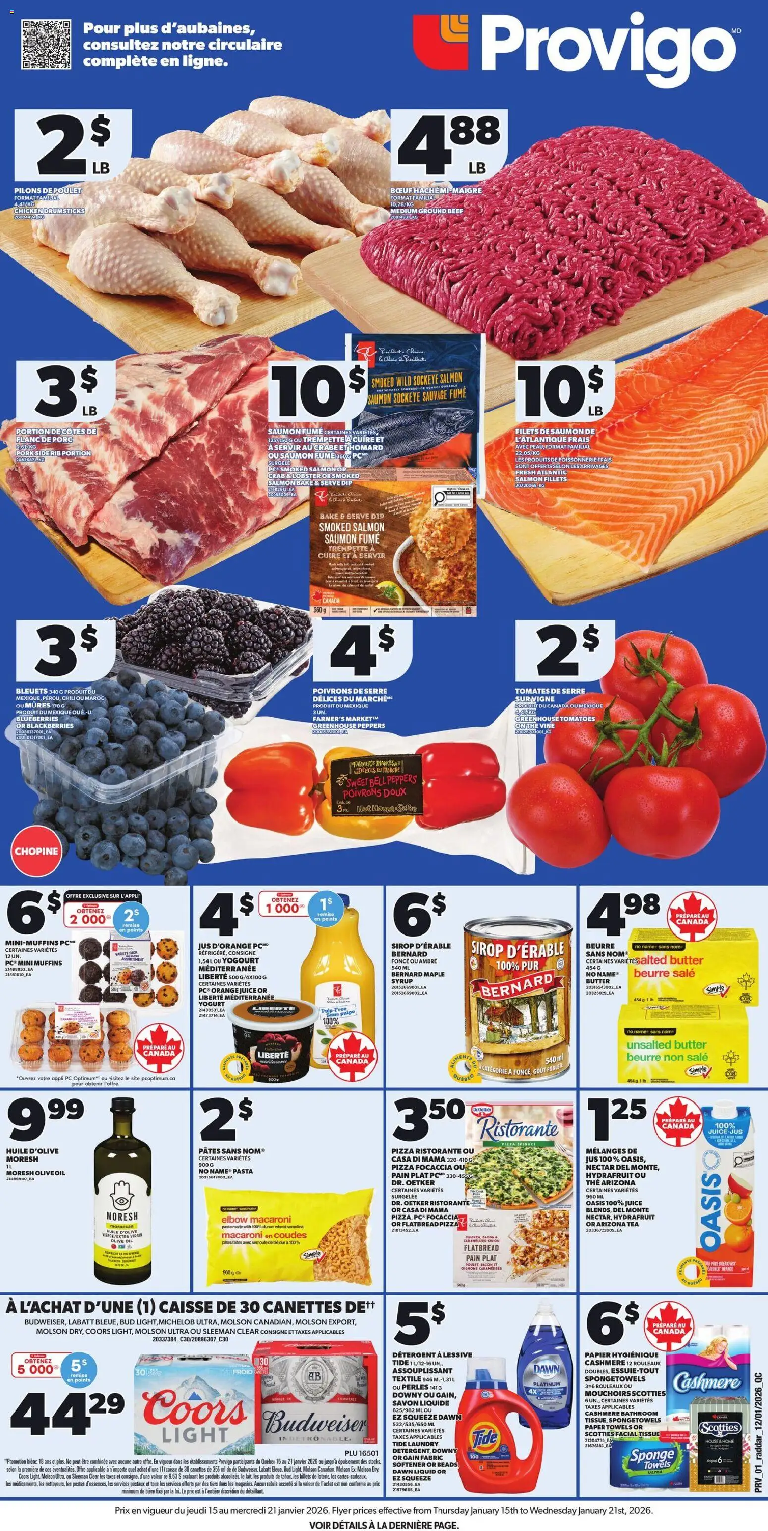 Provigo flyer valid from 15.01.2026 | Page: 1 | Products: Pasta, Detergent, Oil, Pork