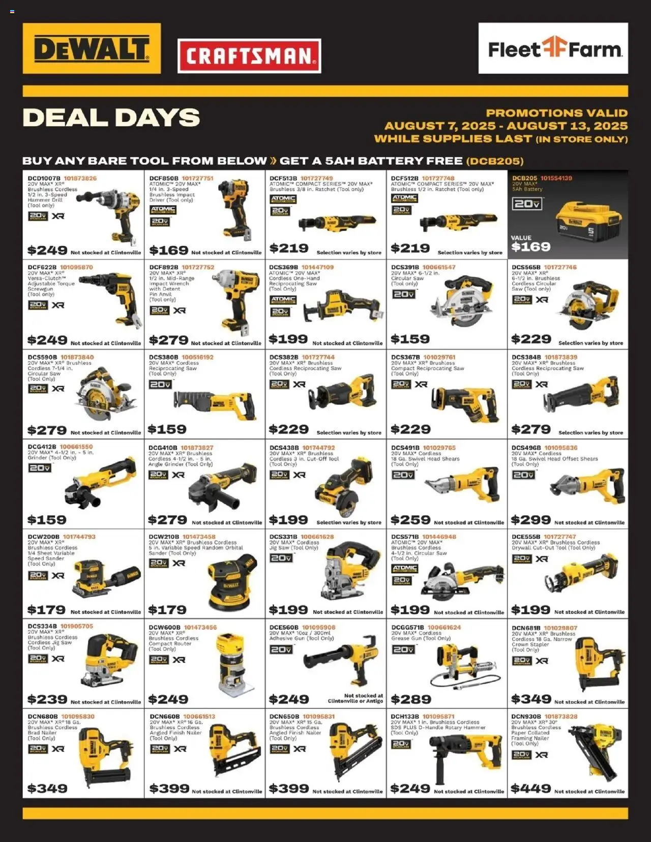 Mills Fleet Farm DeWalt Deal Days - valid from 07.08.2025 | Page: 1 | Products: Pin, Reciprocating Saw, Ratchet, Gun