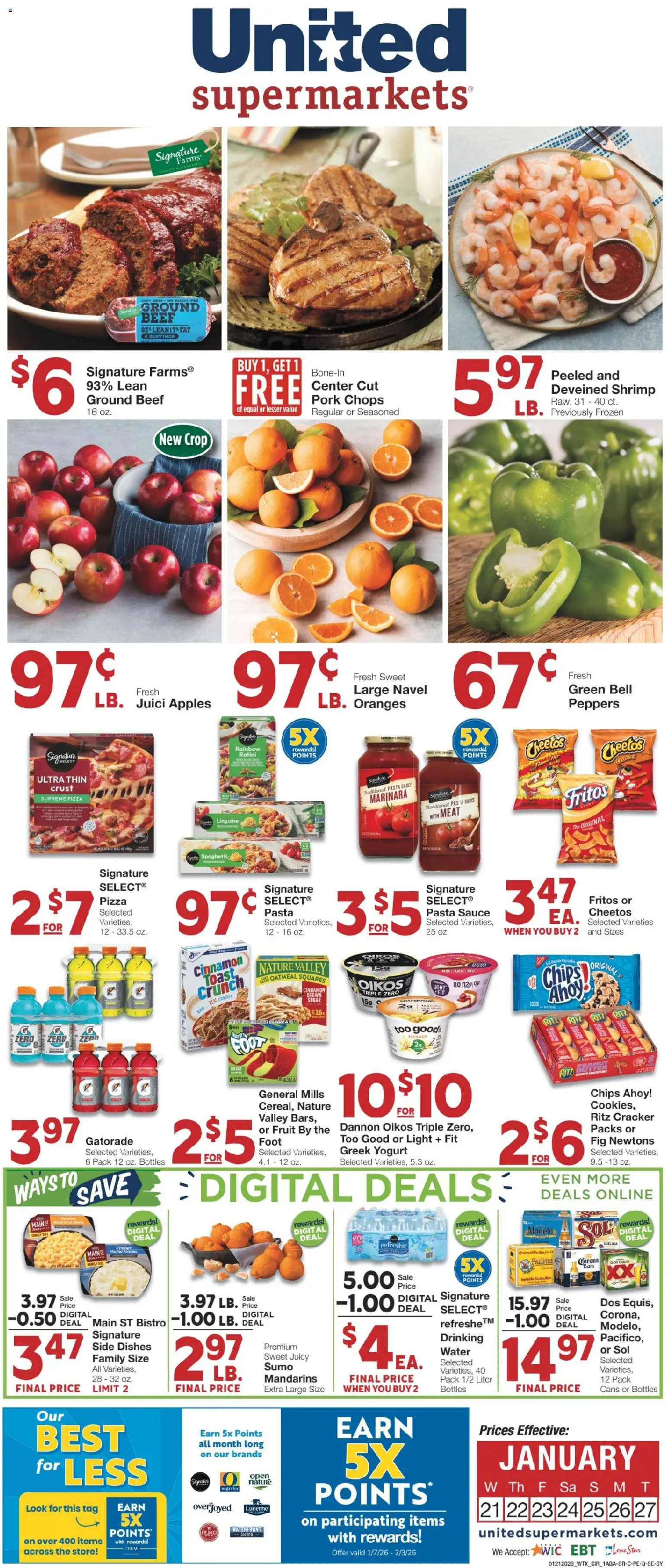 United Supermarkets Weekly Ad - valid from 20.01.2026 | Page: 1 | Products: Apples, Beef, Water, Sauce