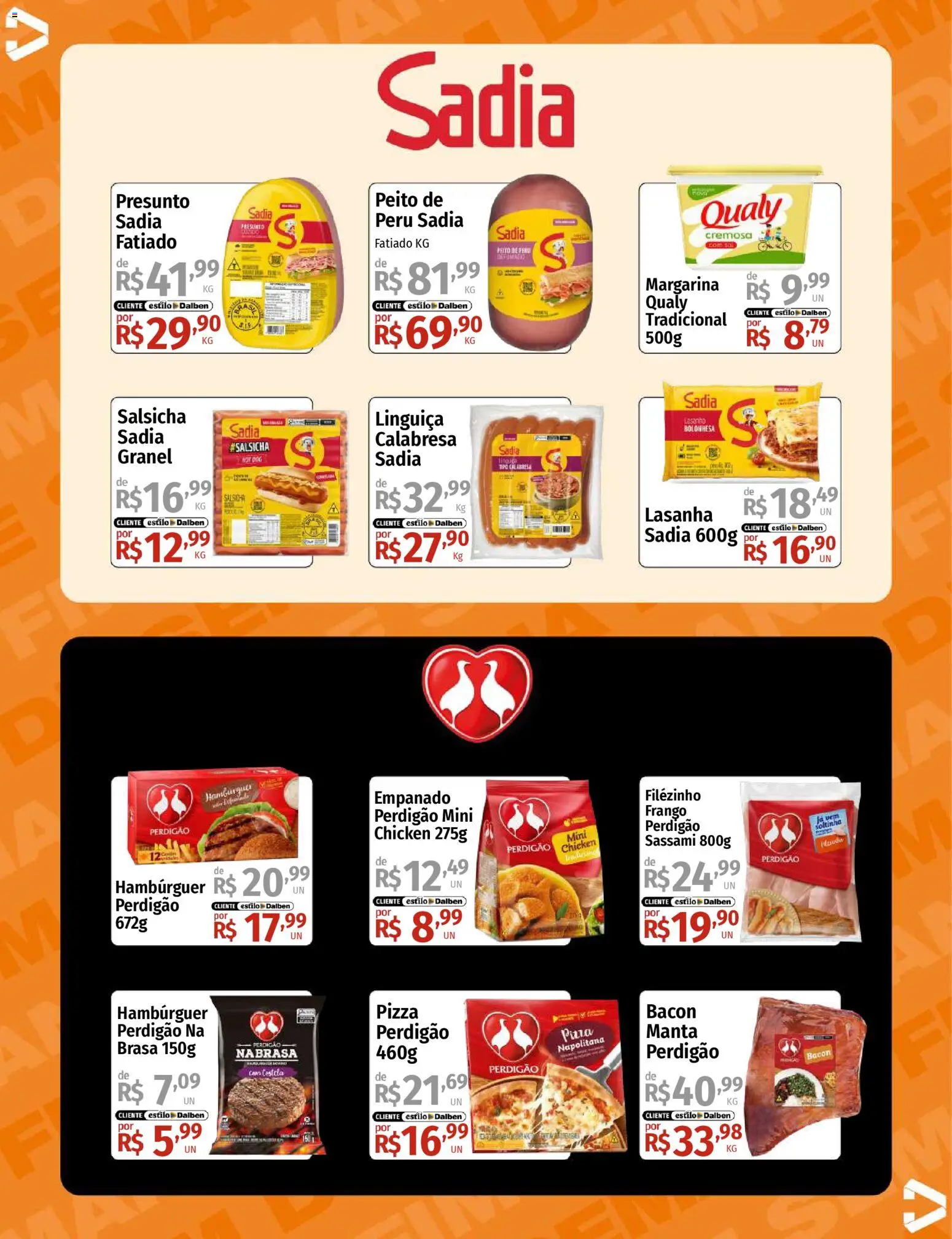 Supermercado Dalben Folheto - válido de 24.10.2025 | Página: 12 | Produtos: Salsicha, Linguiça, Hambúrguer, Frango