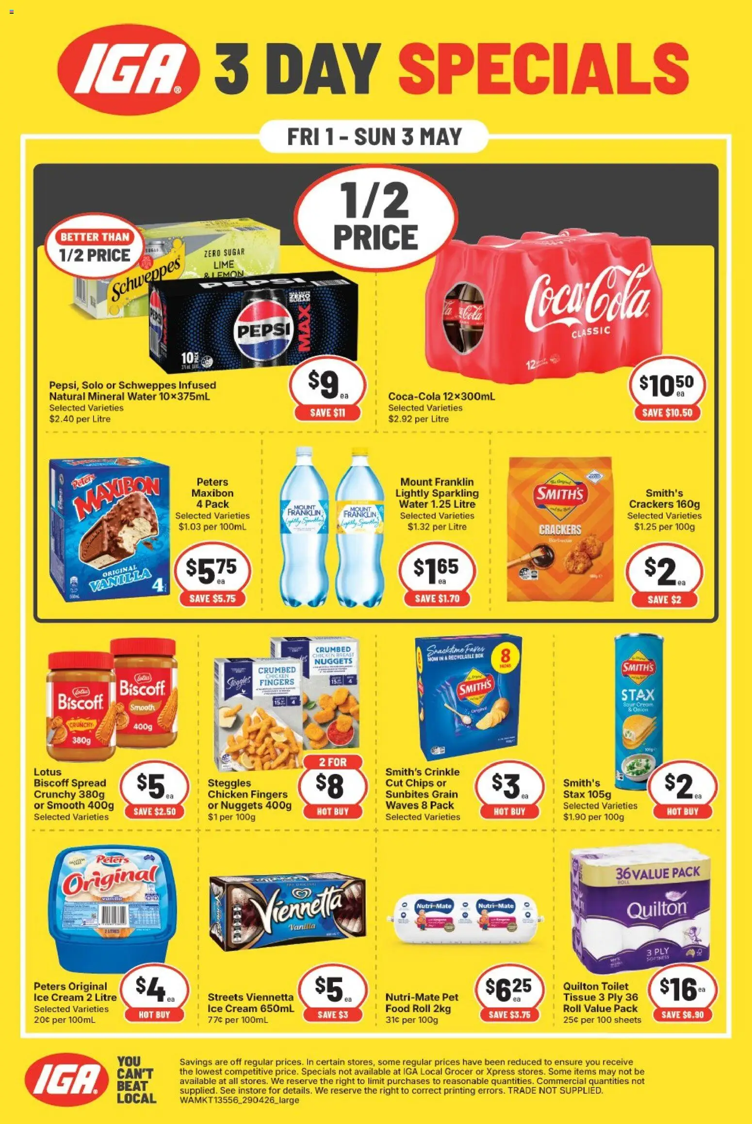 IGA catalogue - valid from 01.05.2026 | Page: 1 | Products: Crackers, Chicken, Cream, Water