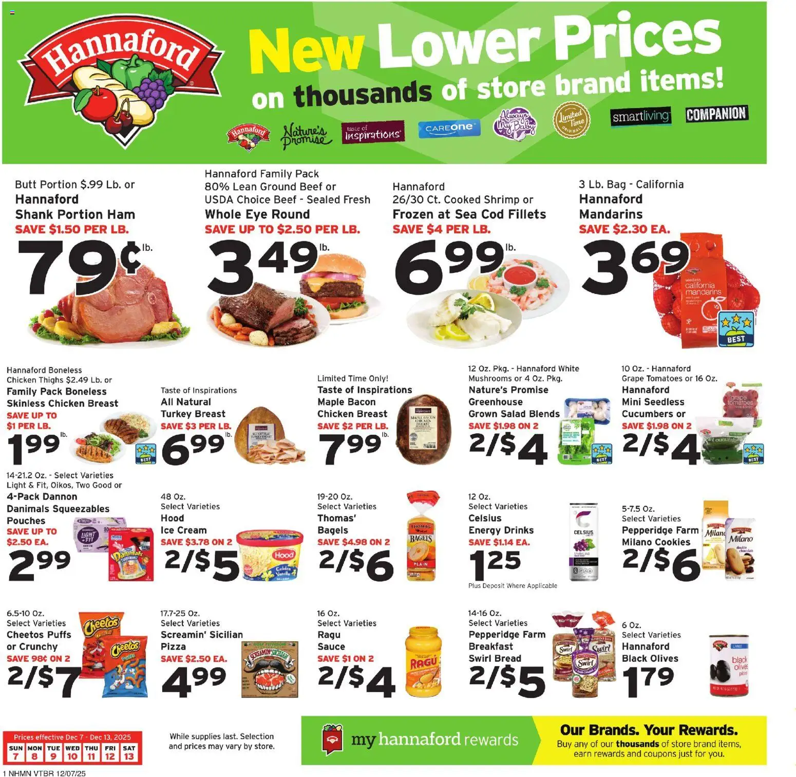 Hannaford Weekly Ad - valid from 07.12.2025 | Page: 1 | Products: Pizza, Tomatoes, Ice cream, Bag