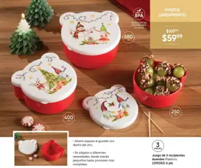 Vista previa de Juego de 3 recipientes duendes Plástico., Set of 3 plastic containers with Christmas elf design. Saves space by storing one inside the other. Adapts to different needs, from small snacks to more complete portions., nuevo folleto de la tienda, válido en México a partir del 07.11.2025 | Página: 35