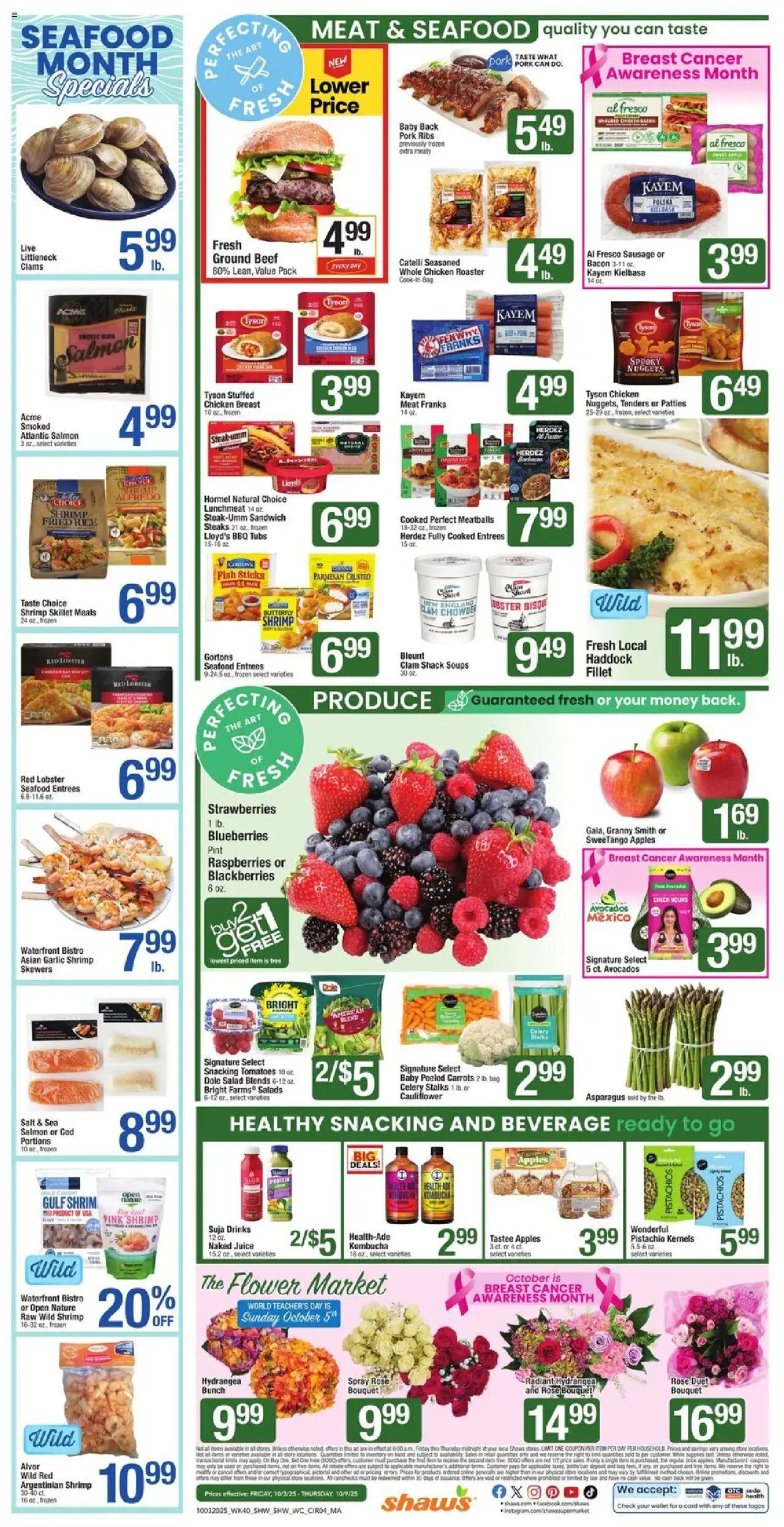 Shaw's Weekly Ad - MA - valid from 03.10.2025 | Page: 4 | Products: Juice, Tomatoes, Seafood, Blueberries