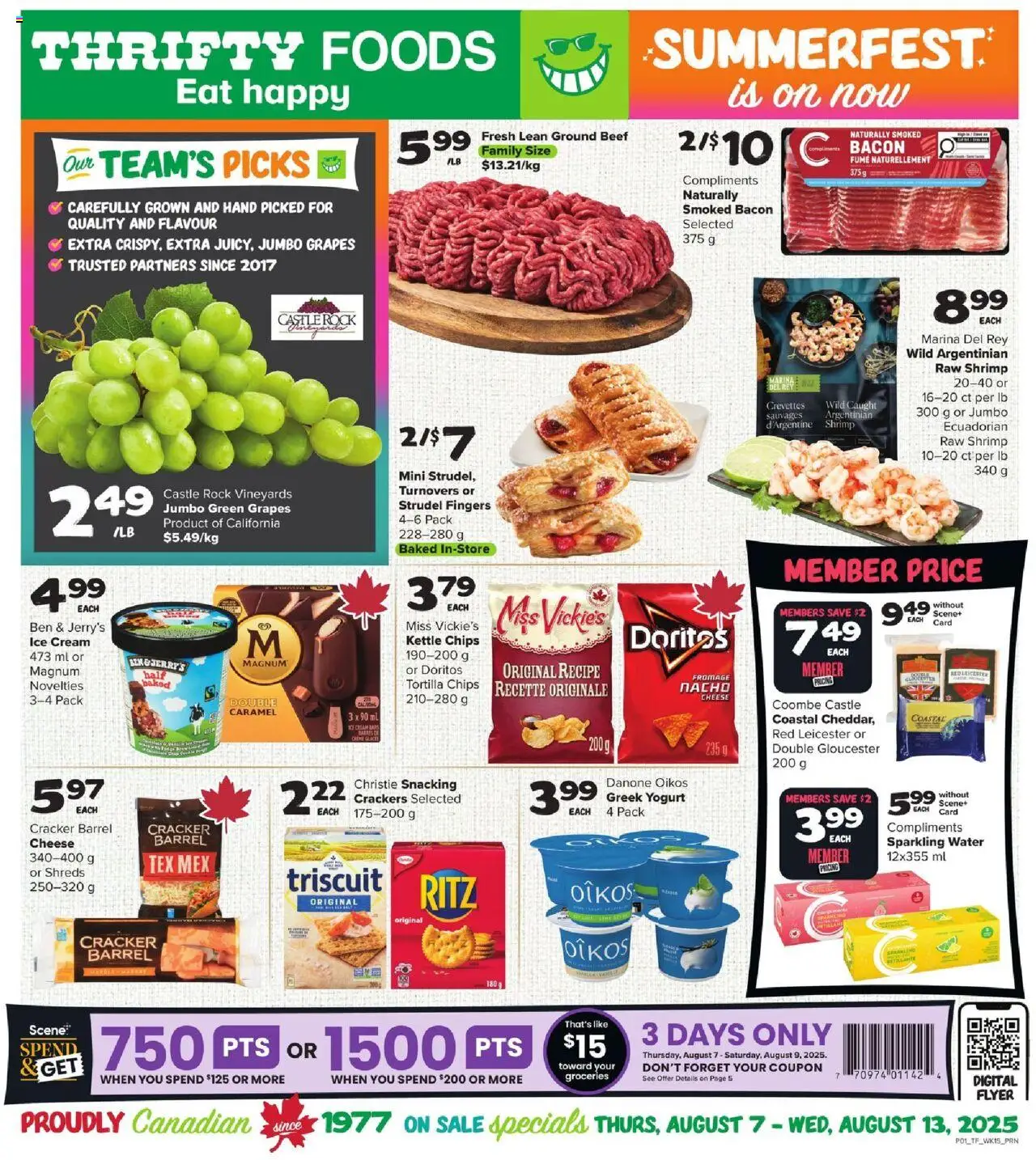 Thrifty Foods flyer valid from 07.08.2025 | Page: 1 | Products: Beef, Kettle, Cheese, Yogurt