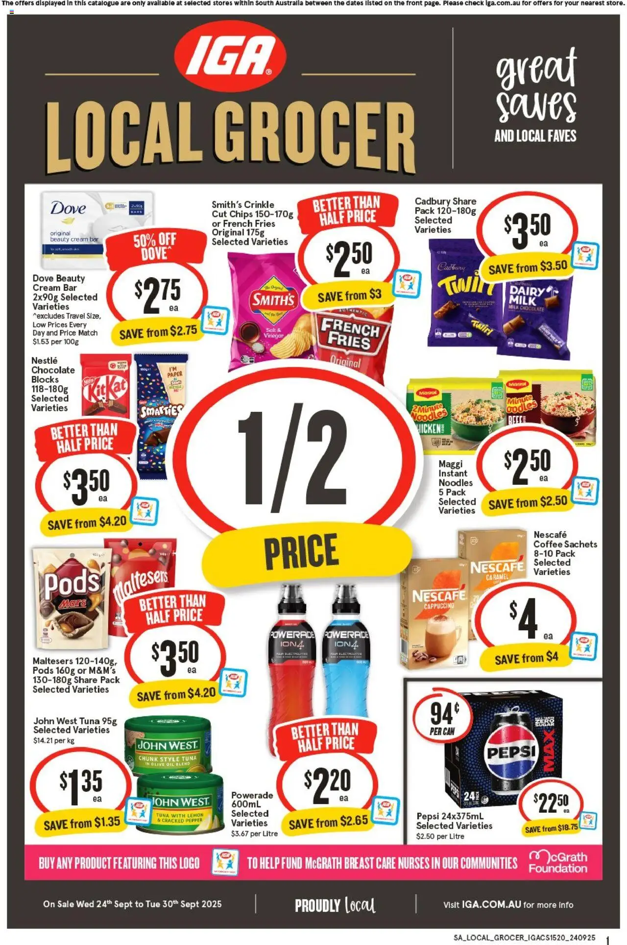 IGA catalogue - valid from 24.09.2025 | Page: 1 | Products: Milk, Coffee, Tuna, Foundation