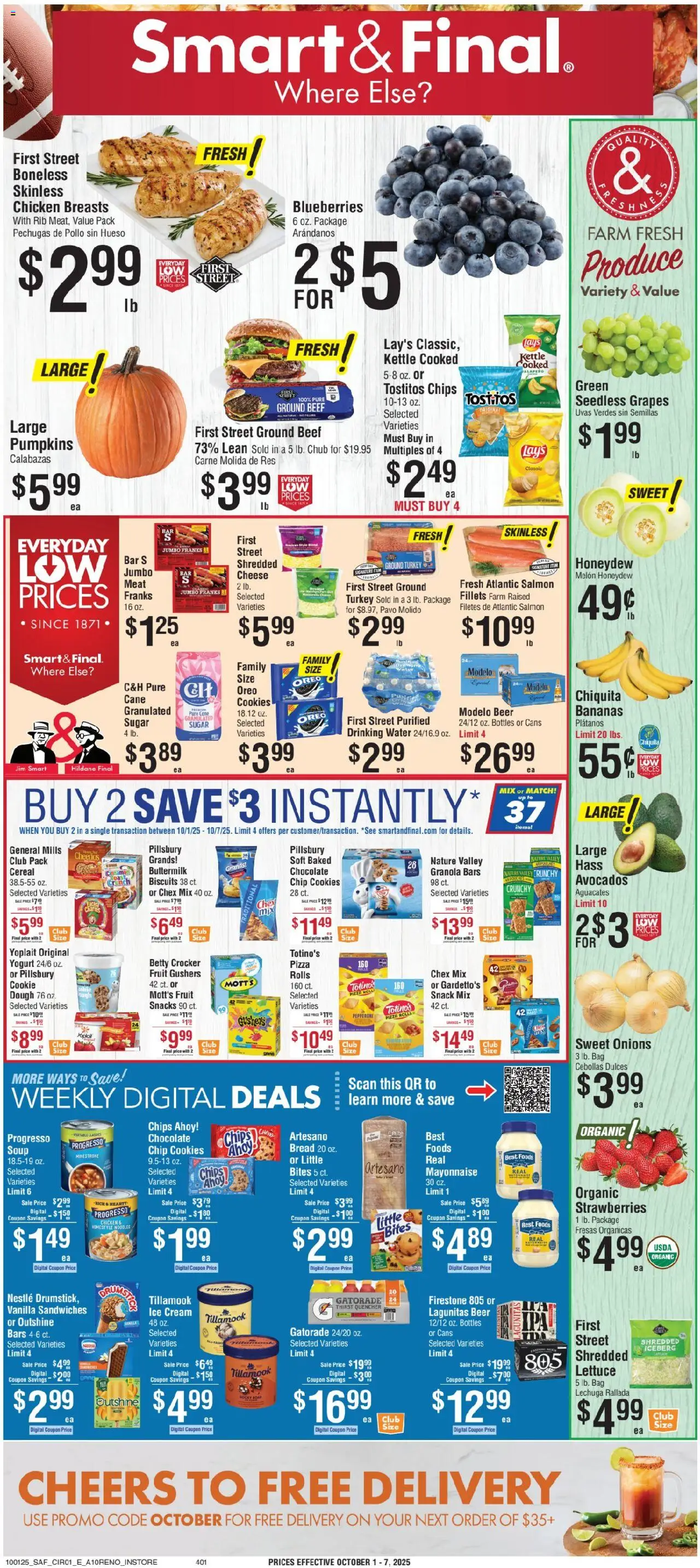 Smart & Final Weekly Ad - 2 Day - A10RENO - valid from 30.09.2025 | Page: 1 | Products: Pizza, Strawberries, Sugar, Kettle