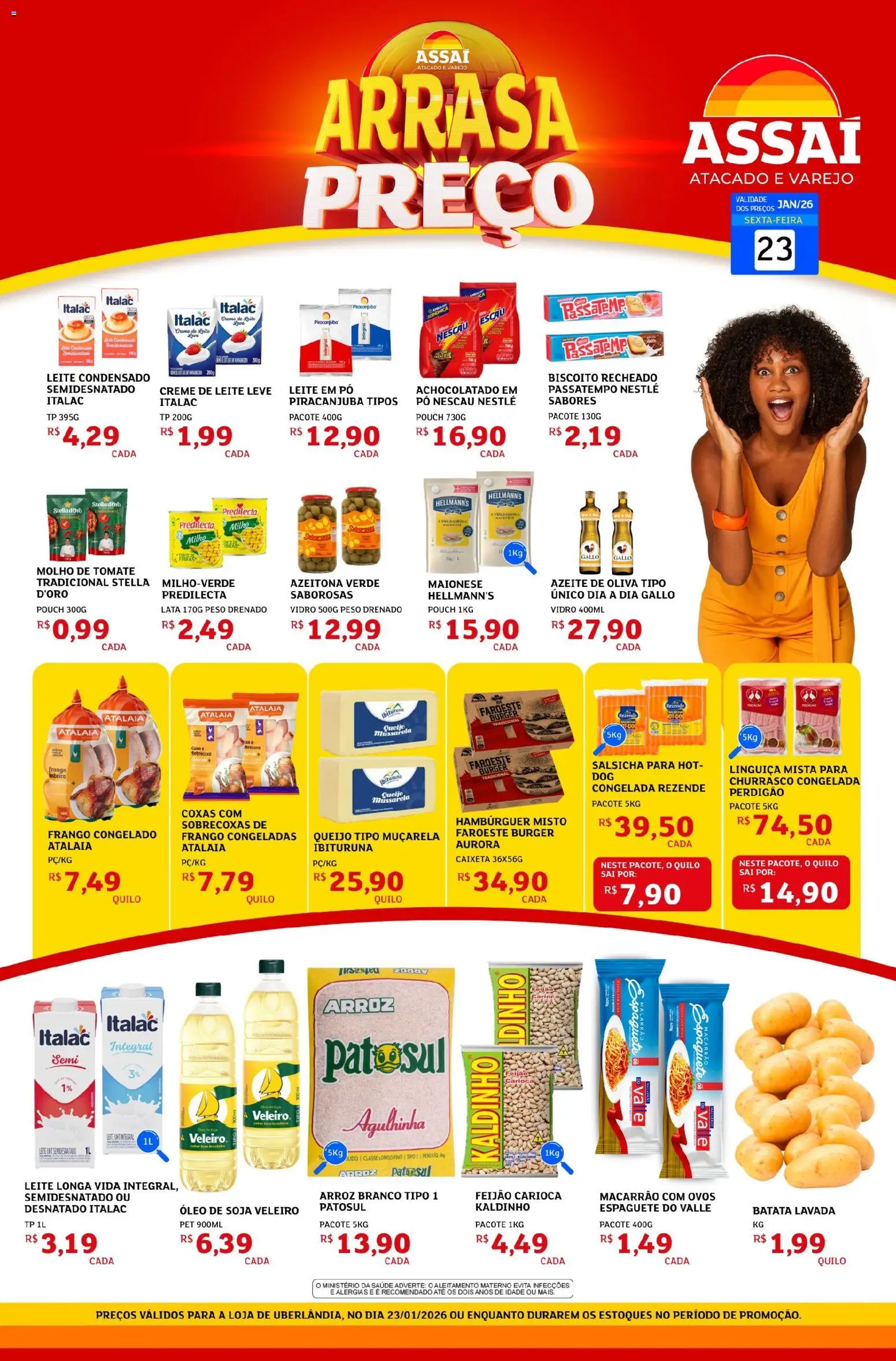 Assaí Atacadista Folheto - válido de 23.01.2026 | Página: 1 | Produtos: Espaguete, Pó, Azeite, Mussarela