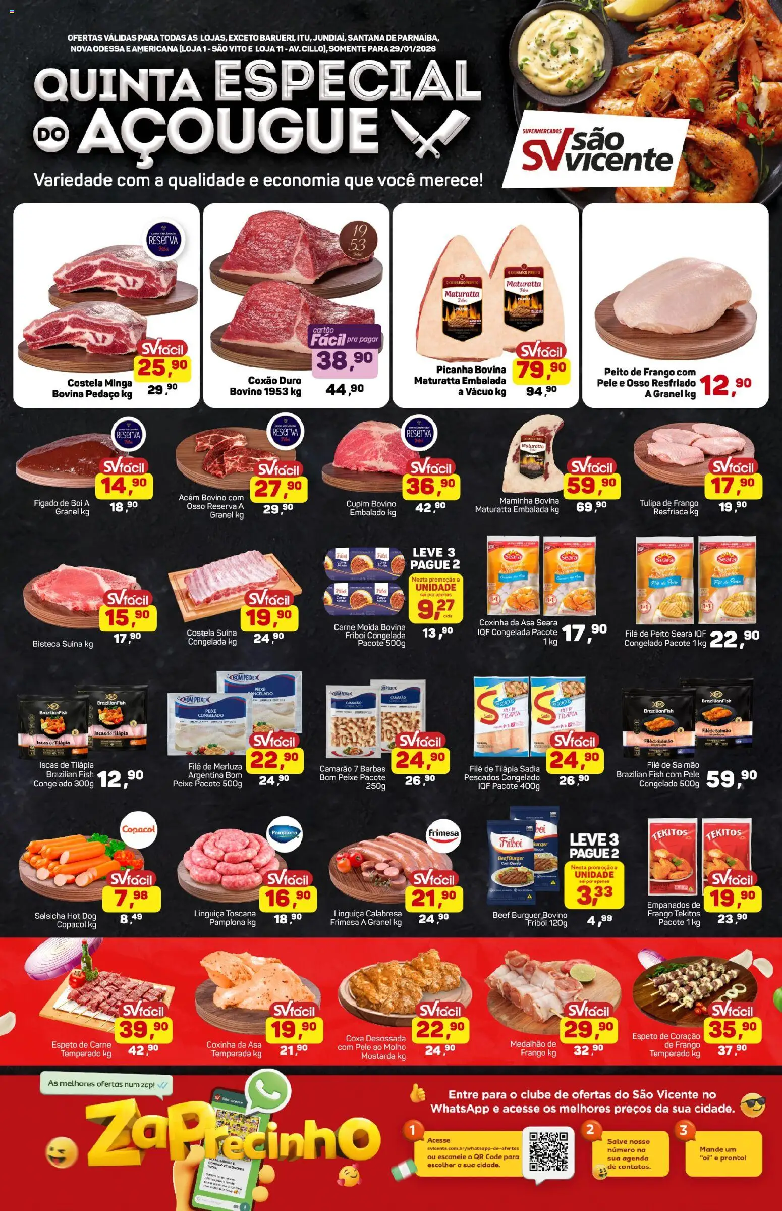 Supermercados São Vicente Folheto - válido de 29.01.2026 | Página: 1 | Produtos: Salsicha, Camarão, Tilápia, Carne moída