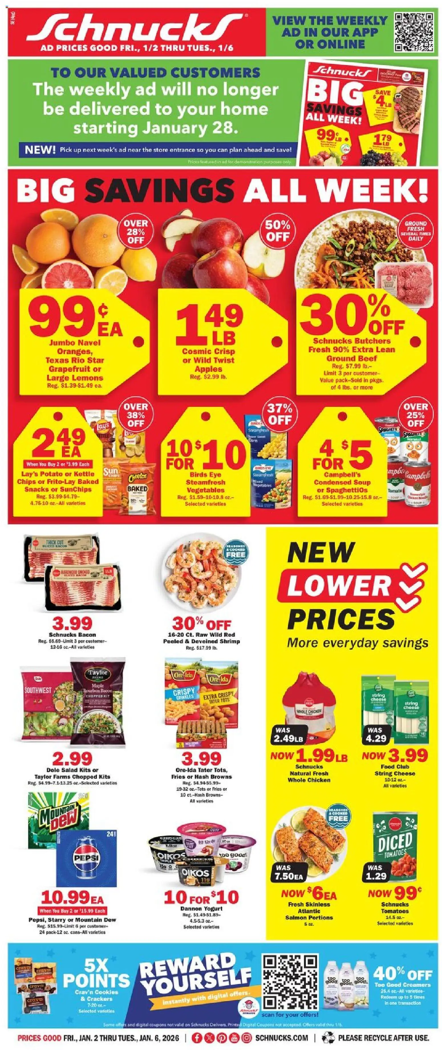 Schnucks Weekly Print Ad - IN - valid from 02.01.2026 | Page: 1 | Products: Yogurt, Tomatoes, Cookies, Vegetables