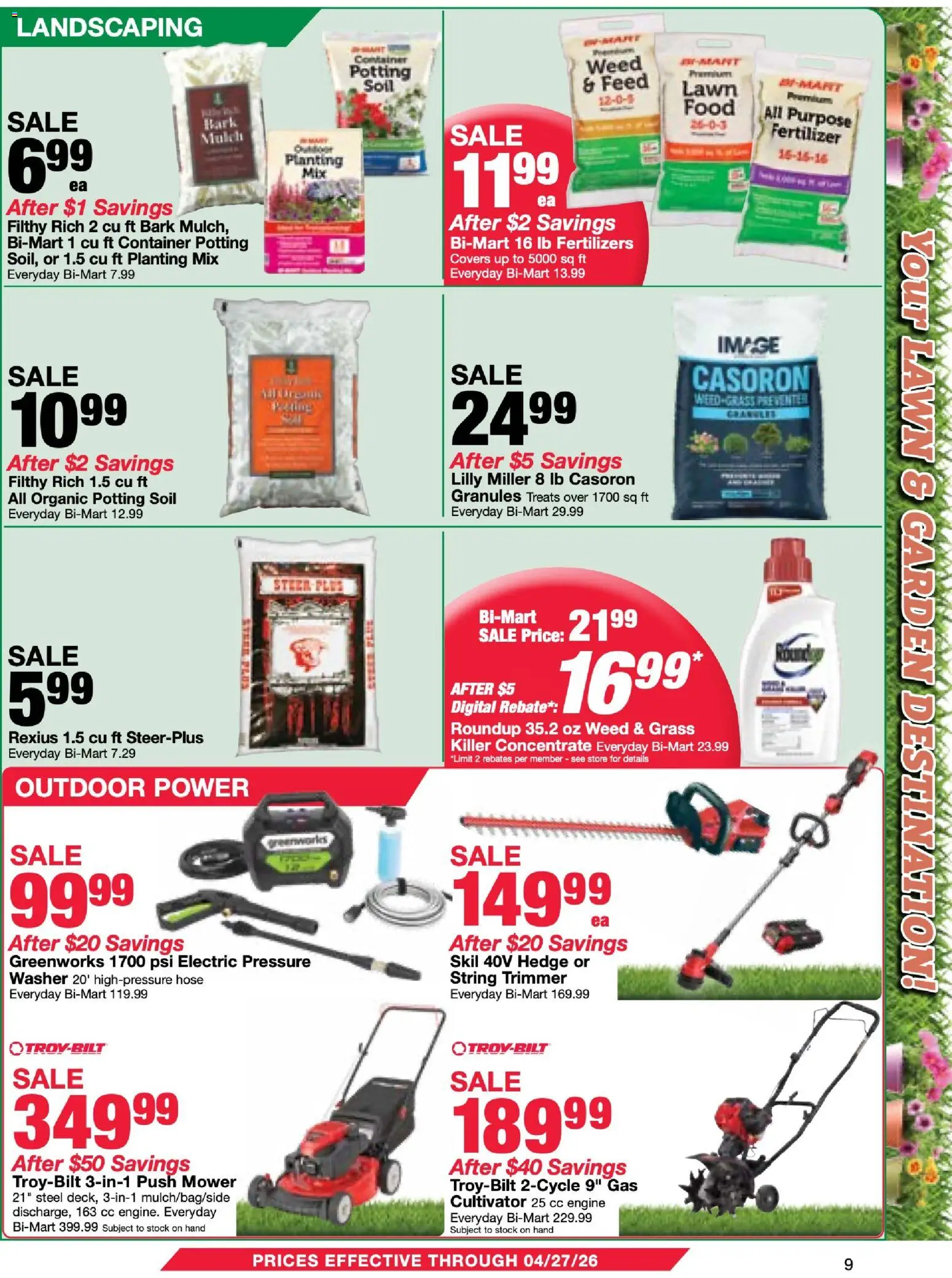 Bi-Mart Membership Savings Book - valid from 14.04.2026 | Page: 9 | Products: Trimmer, Cultivator, Mower, Washer