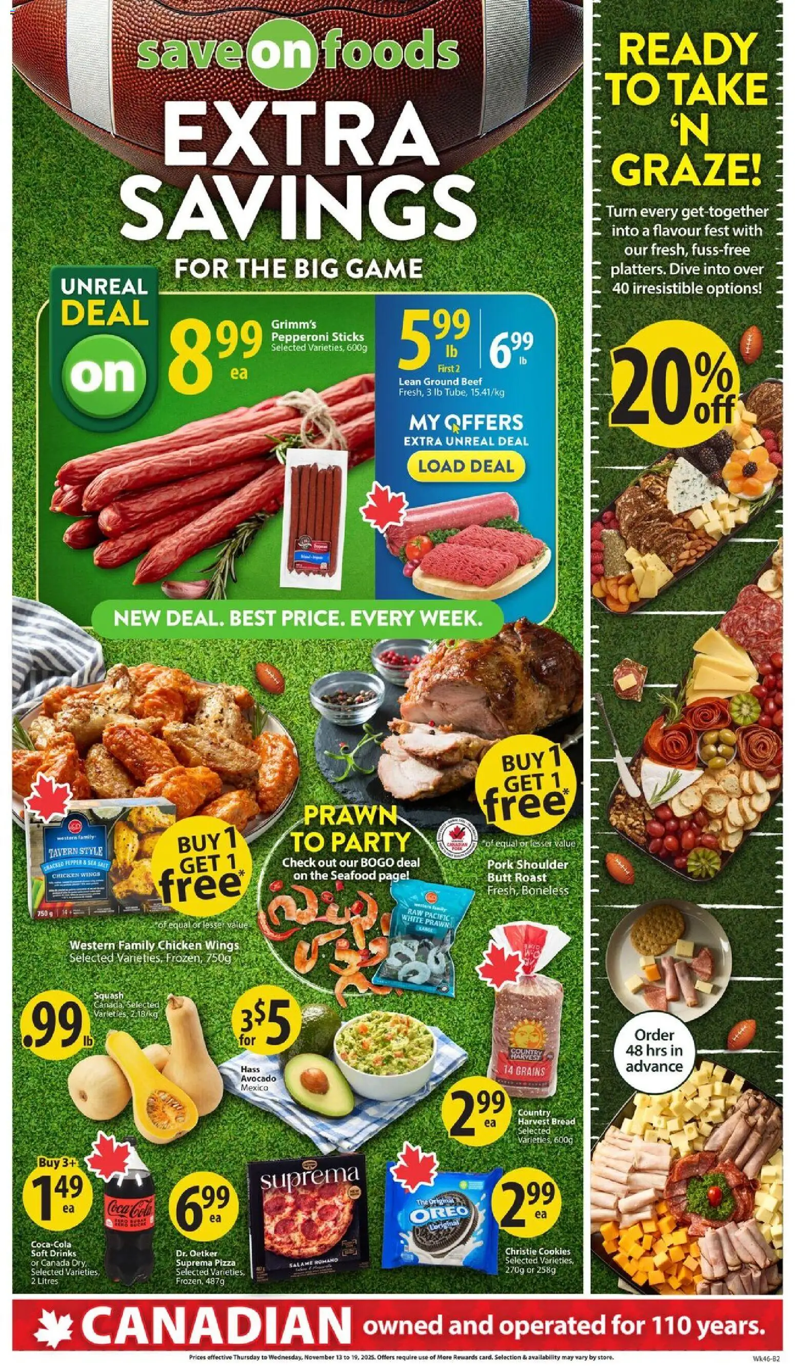 Save on foods flyer valid from 13.11.2025 | Page: 2 | Products: Beef, Bread, Pizza, Pork