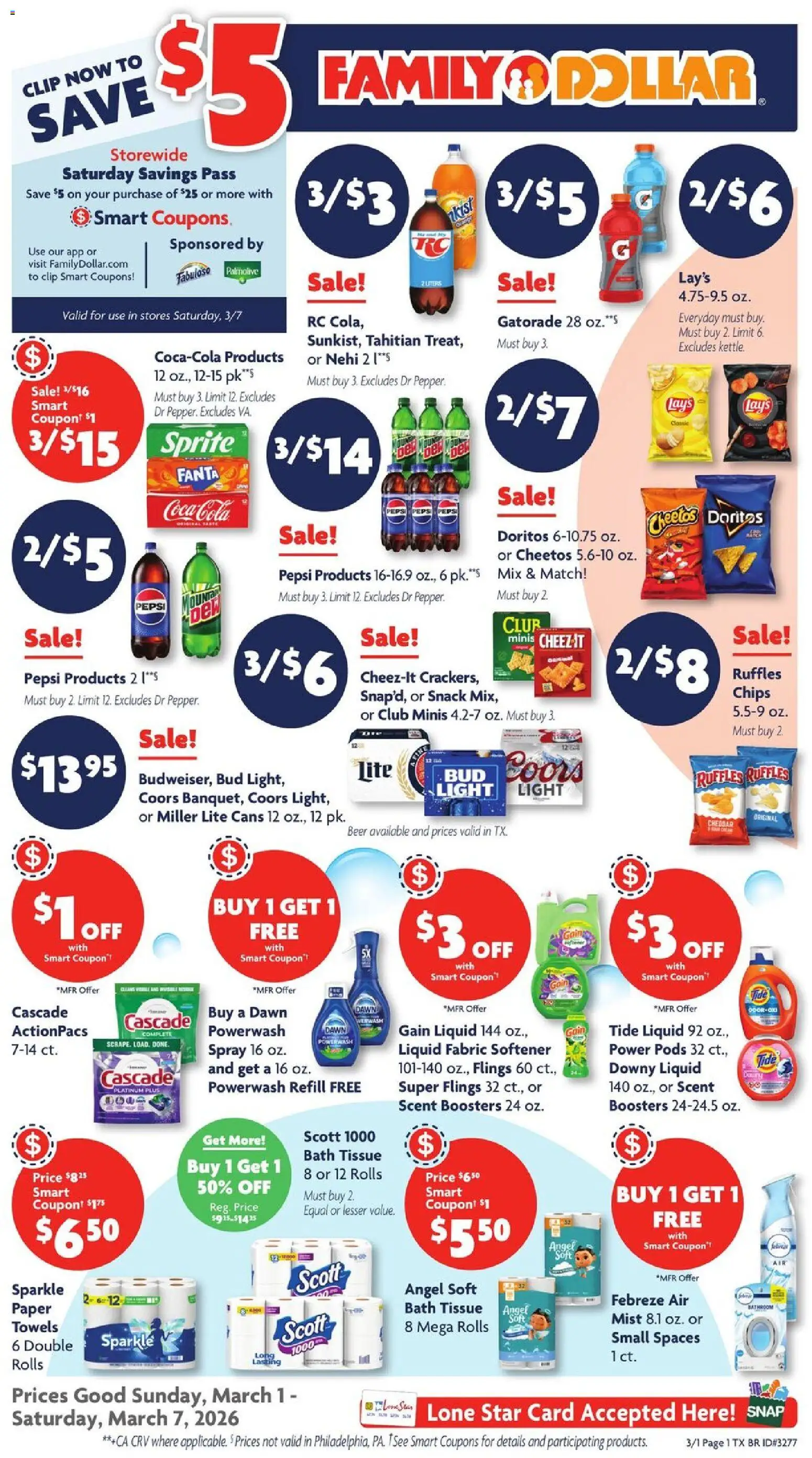 Family Dollar Current Ad - TX - valid from 01.03.2026 | Page: 1 | Products: Clip, Beer, Fabric softener, Chips