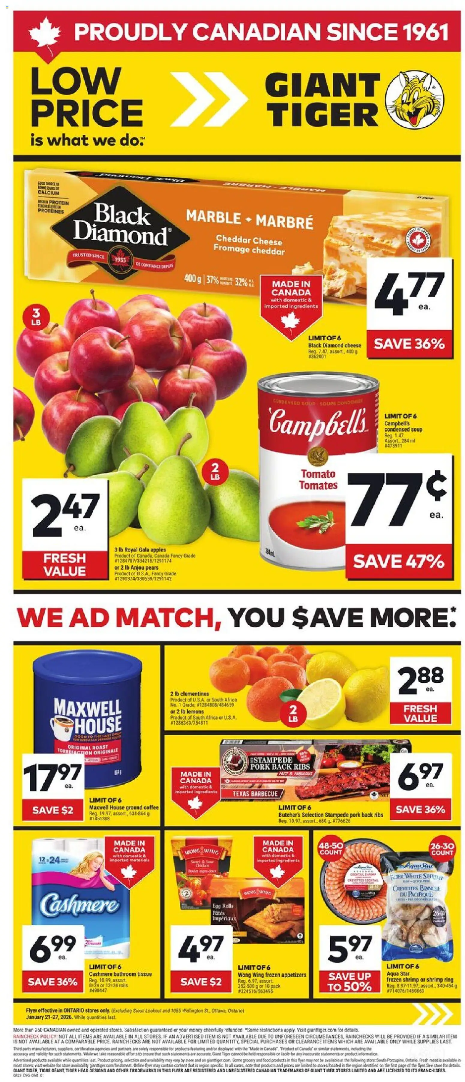 Giant Tiger flyer valid from 21.01.2026 | Page: 1 | Products: Cheese, Coffee, Chicken, Pork