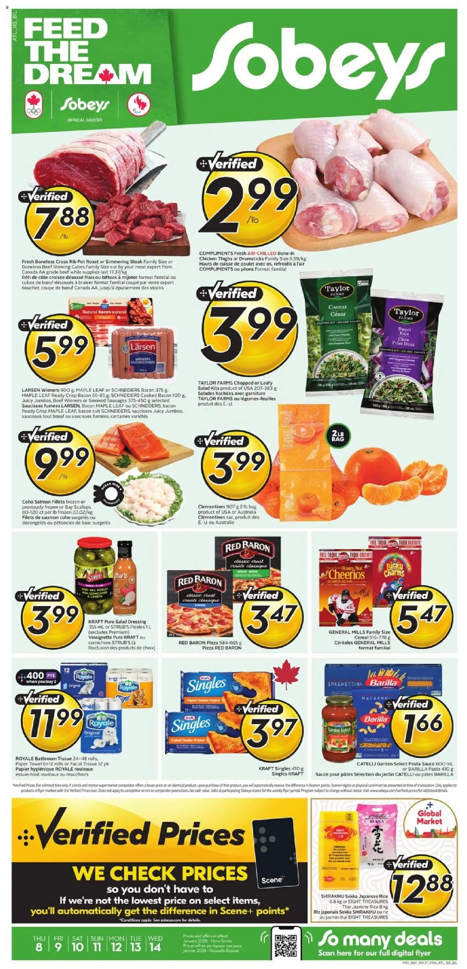 Sobeys flyer valid from 08.01.2026 | Page: 1 | Products: Rice, Pasta, Salad, Bag