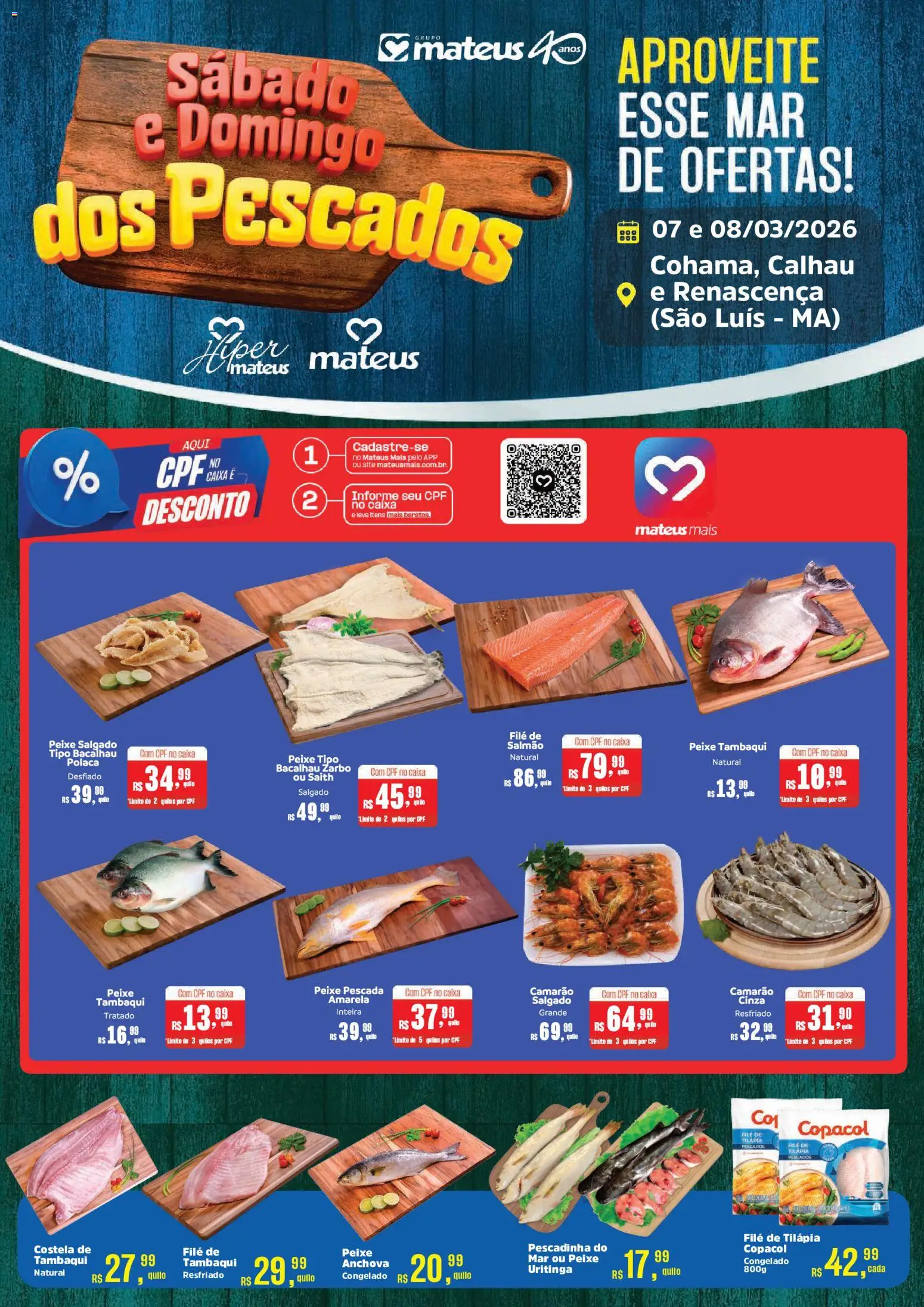 Mateus Folheto - válido de 07.03.2026 | Página: 1 | Produtos: Salmão, Camarão, Tilápia, Peixe