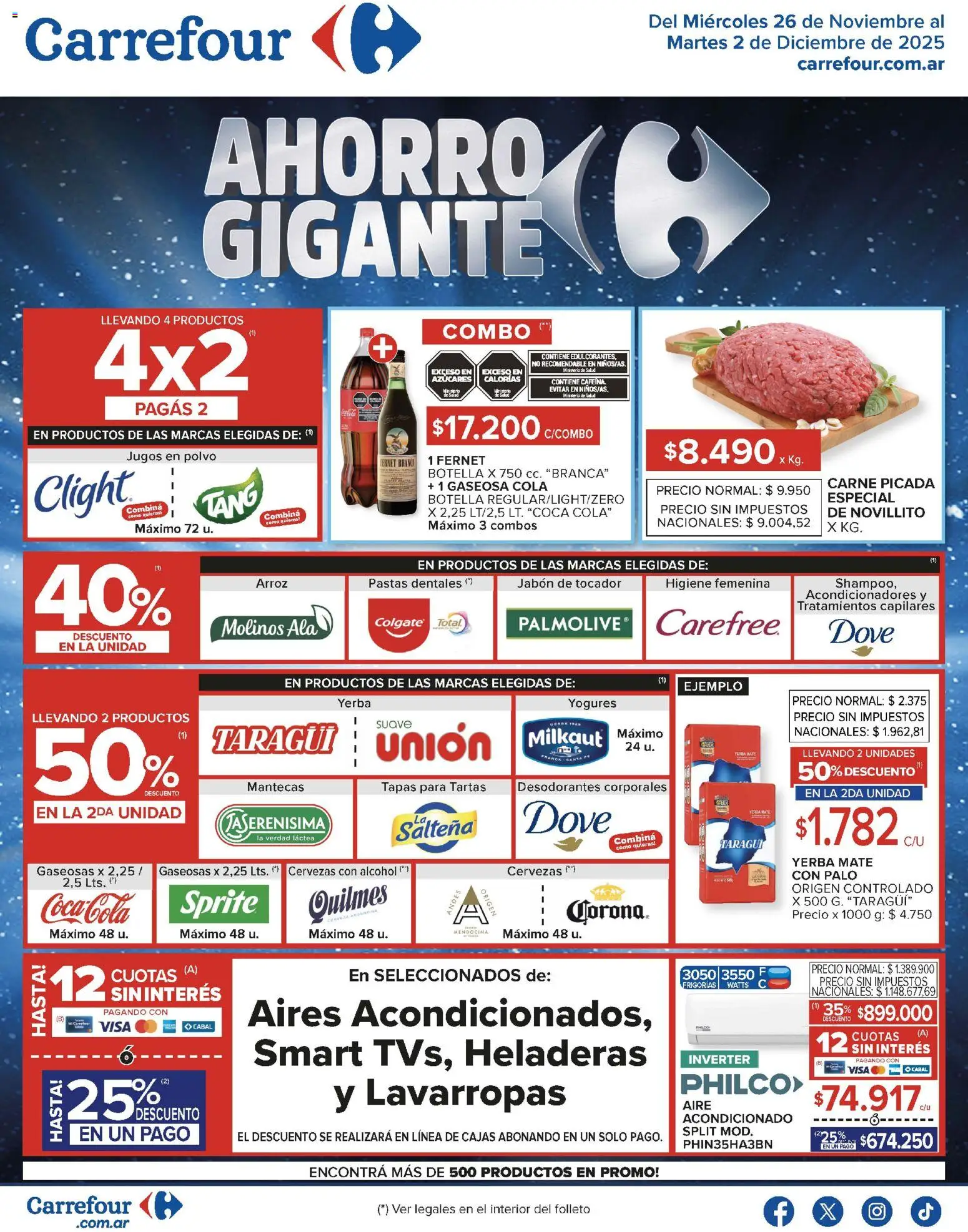Carrefour ofertas │ válido desde el 26.11.2025 | Página: 1 | Productos: Botella, Polvo, Fernet, Lavarropas