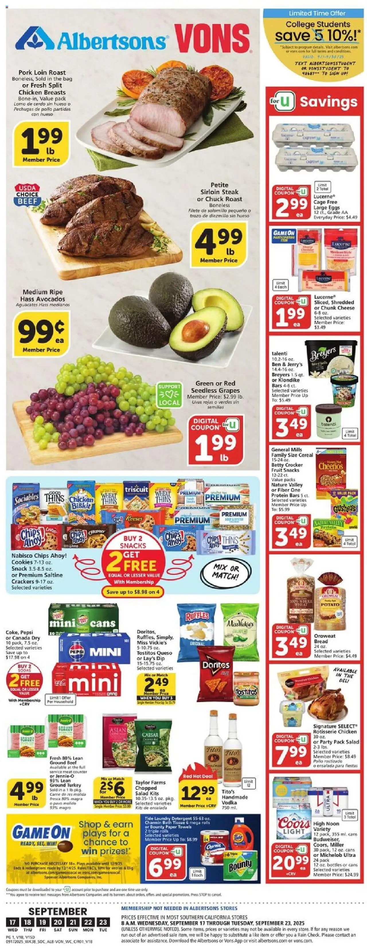 Vons Weekly Ad - valid from 17.09.2025 | Page: 1 | Products: Pork, Cookies, Vodka, Game