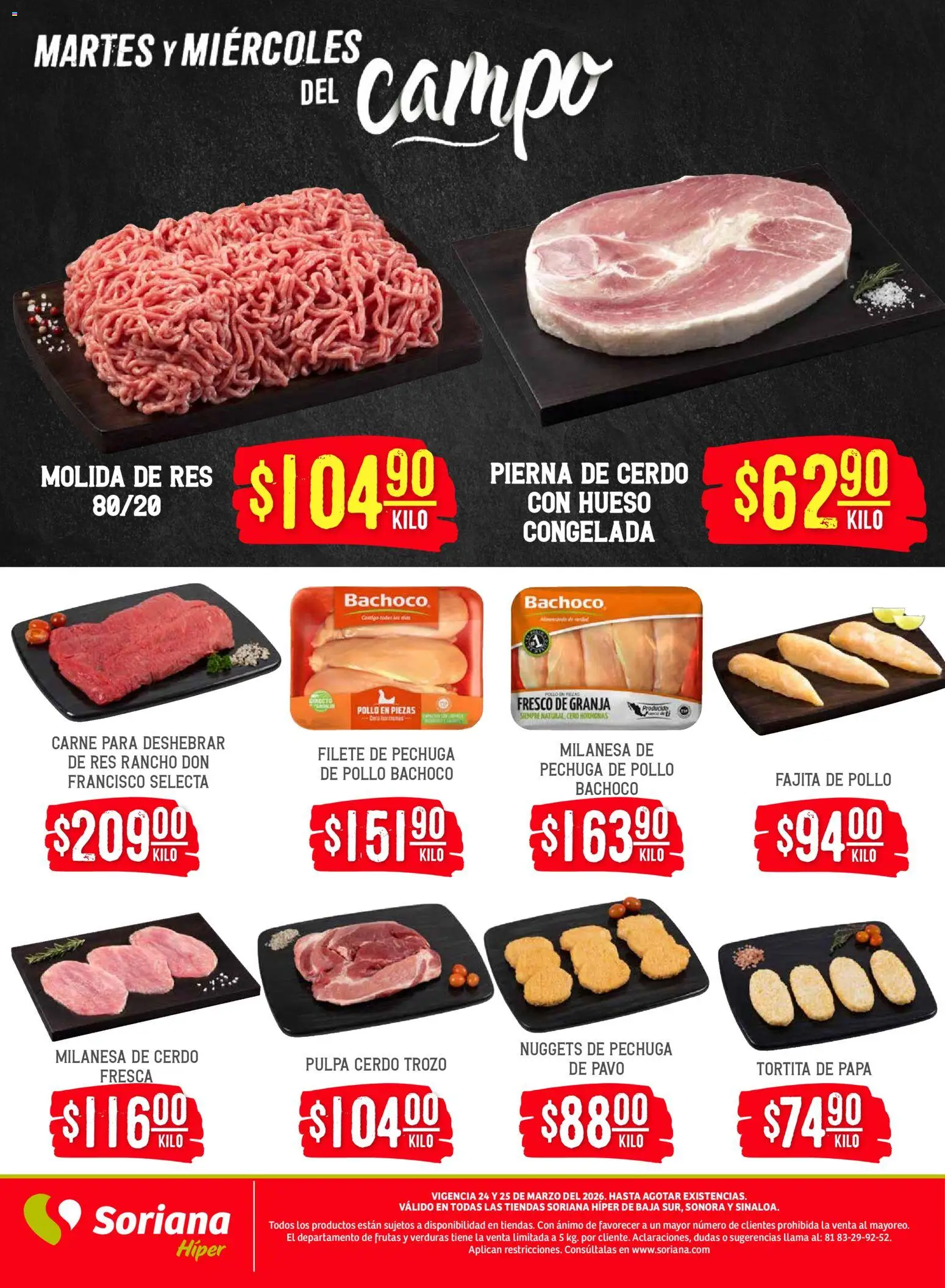Nuevas ofertas de Soriana válidas en toda la República Mexicana desde el 24.03.2026. ¡Encuentra las mejores ofertas en Soriana Martes y Miércoles del Campo Híper: BCS, Son y Sin! | Página: 5 | Productos: Pollo, Milanesa, Cerdo, Res