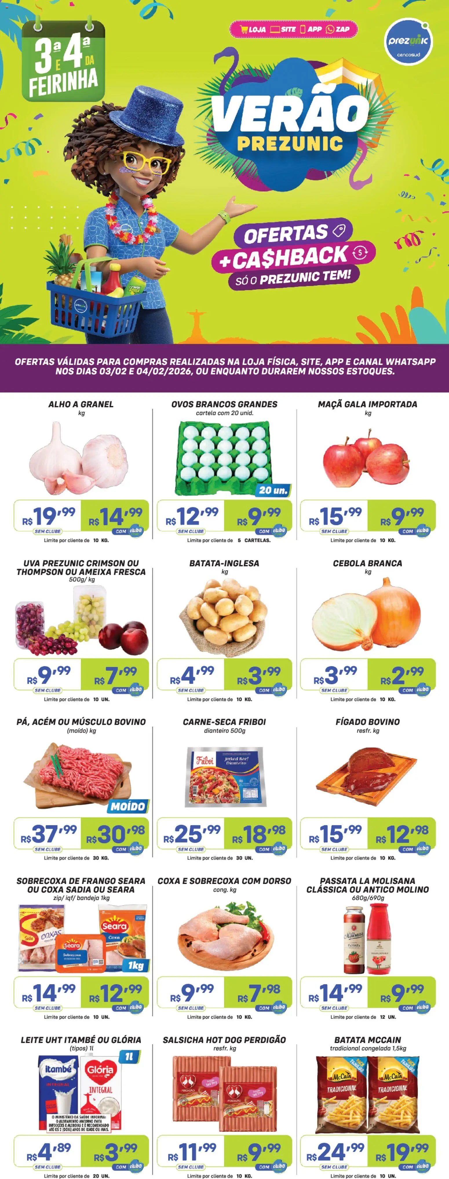 Prezunic Folheto - válido de 03.02.2026 | Página: 1 | Produtos: Acém, Leite, Ovos, Batata