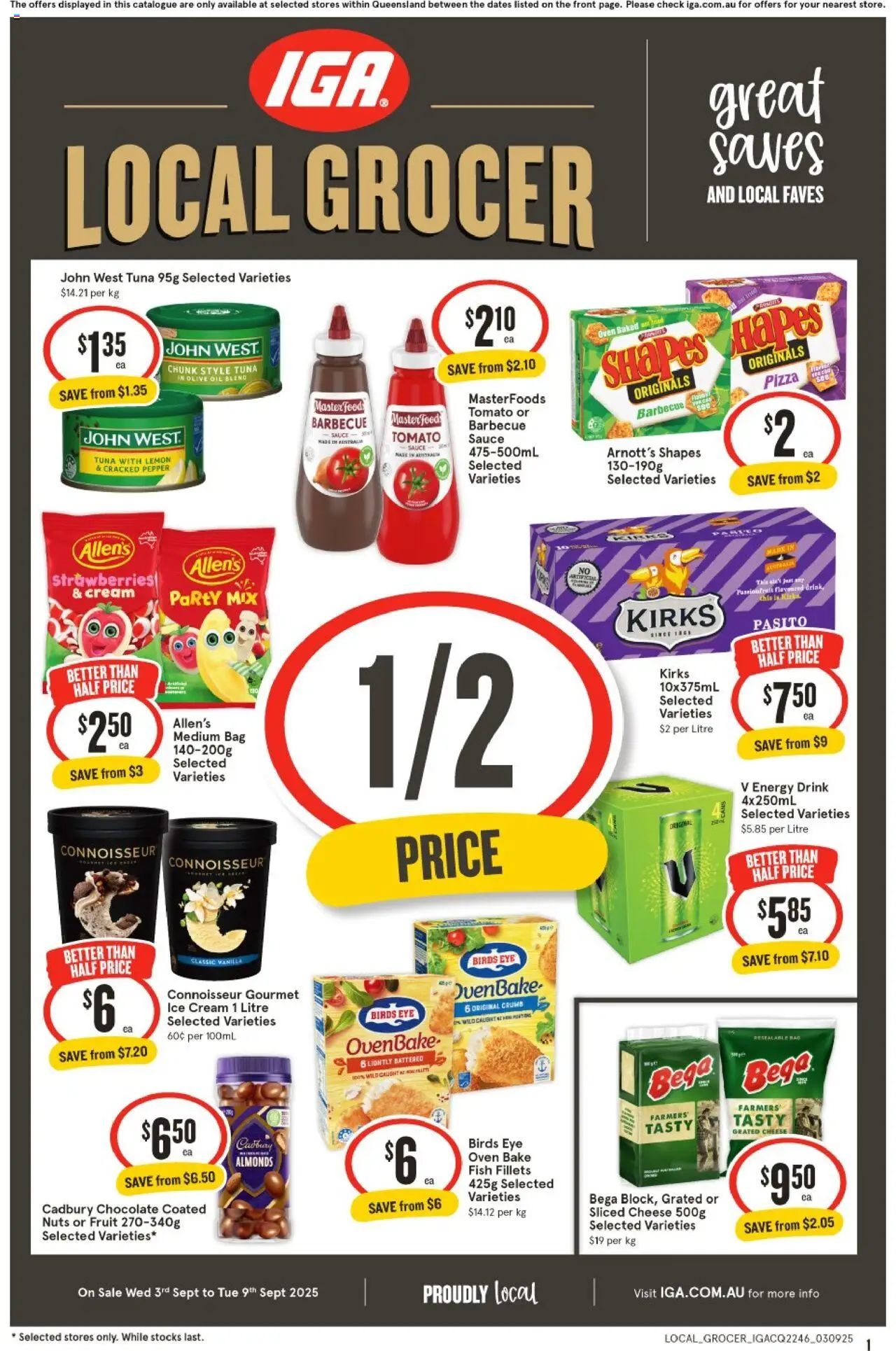 IGA catalogue - valid from 03.09.2025 | Page: 1 | Products: Cheese, Pizza, Nuts, Sauce